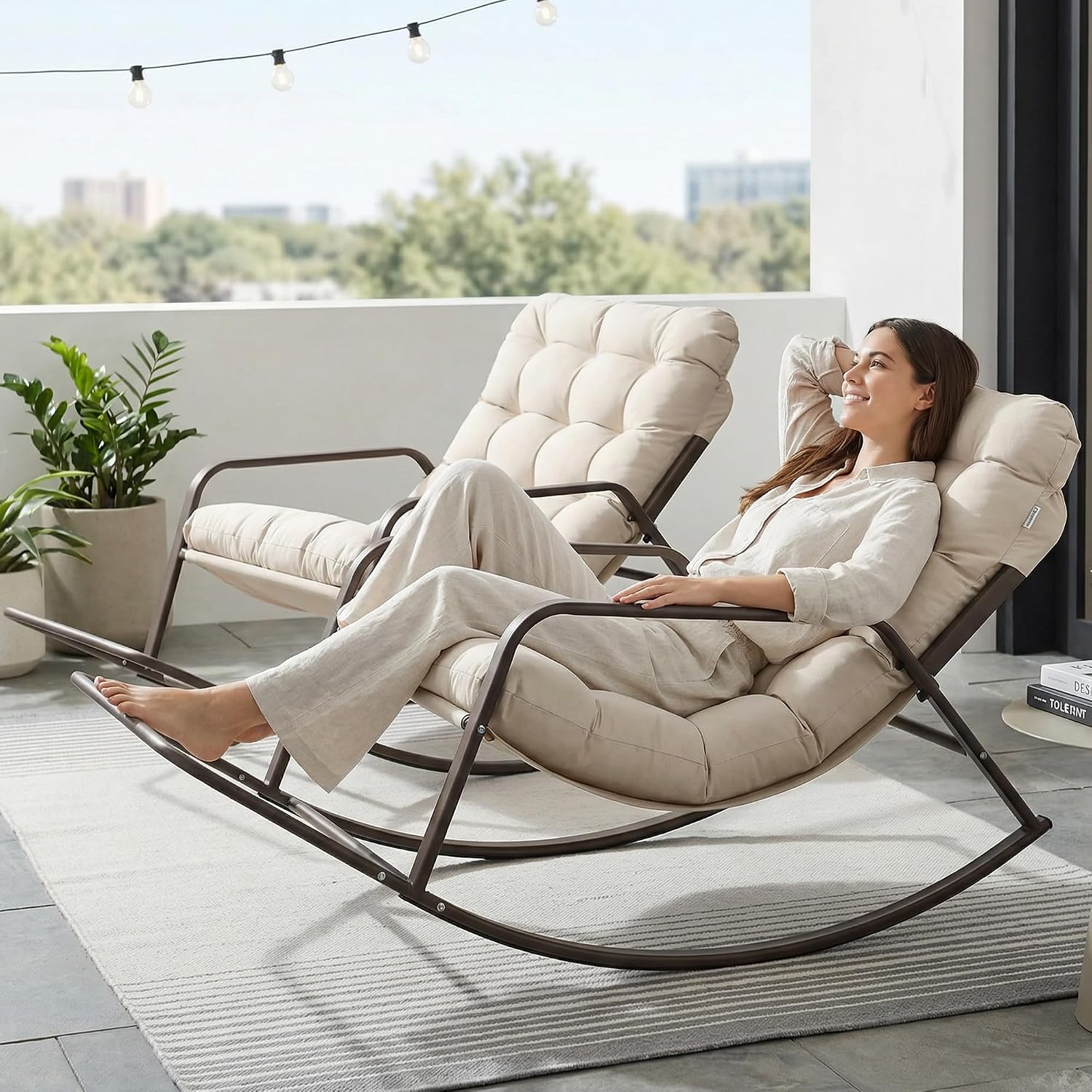 RADIATA 2pcs Rocking Lounge Chair, Indoor Outdoor Reclining Lounger with Footrest & Cushion, 450lbs Weight Capacity, Comfortable Rocker for Relaxation, Reading and Napping (Beige)