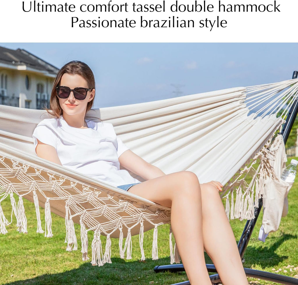 PNAEUT Handmade Tassel Hammocks, Double Hammock with Stand for Outside, Max 450 lbs Capacity, Pillow & Storage Bag Included (Beige)