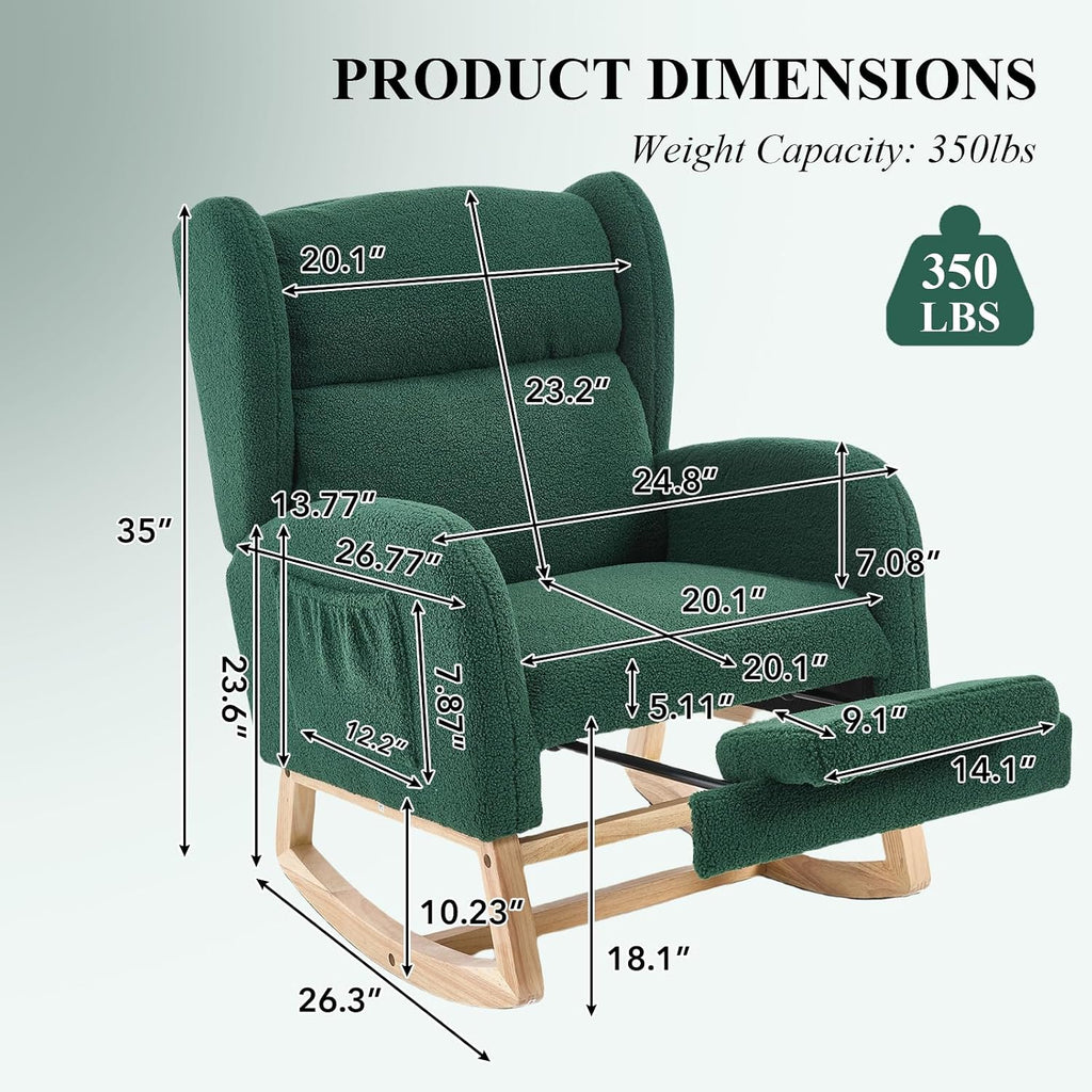 NIOIIKIT Nursery Rocking Chair with Footrest, Teddy Upholstered Glider Chair, Nursery Gliding Recliner with Side Pocket, Glider Rocker for Living Room (Green Teddy)