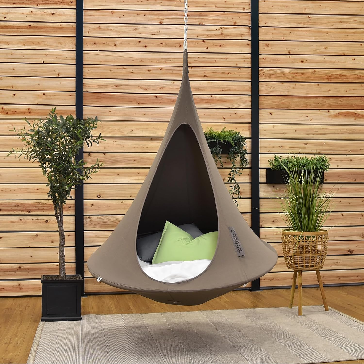 Kids Cacoon Hanging Chair - Weight Capacity 220Lbs - Outdoor and Indoor Use - Hanging Kit Included - Aluminum Ring for Durability (Taupe)