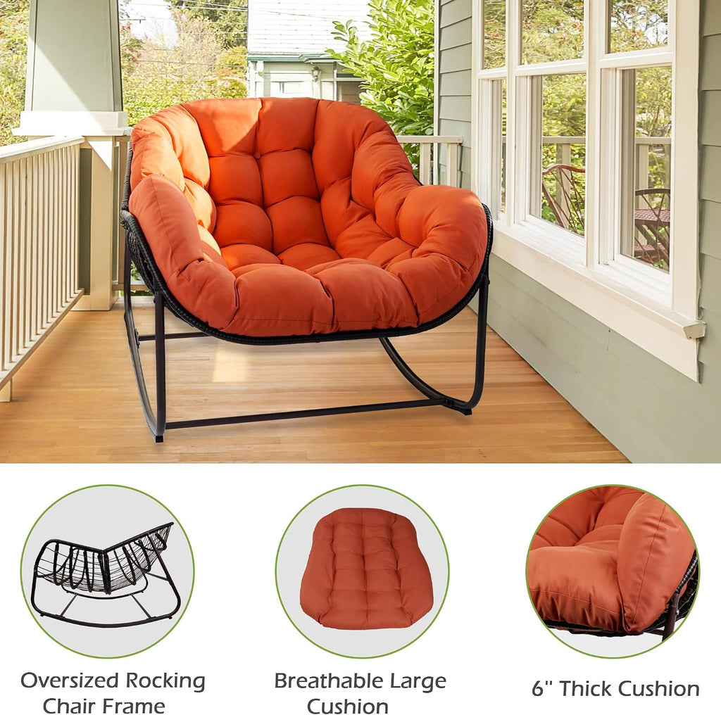 Papasan Rocking Chair, Oversized Papasan Chair with Cushion and Frame for Indoor& Outdoor, Deep Seat Egg-Shaped Rocker Chair for Garden, Deck, Living Room, Red