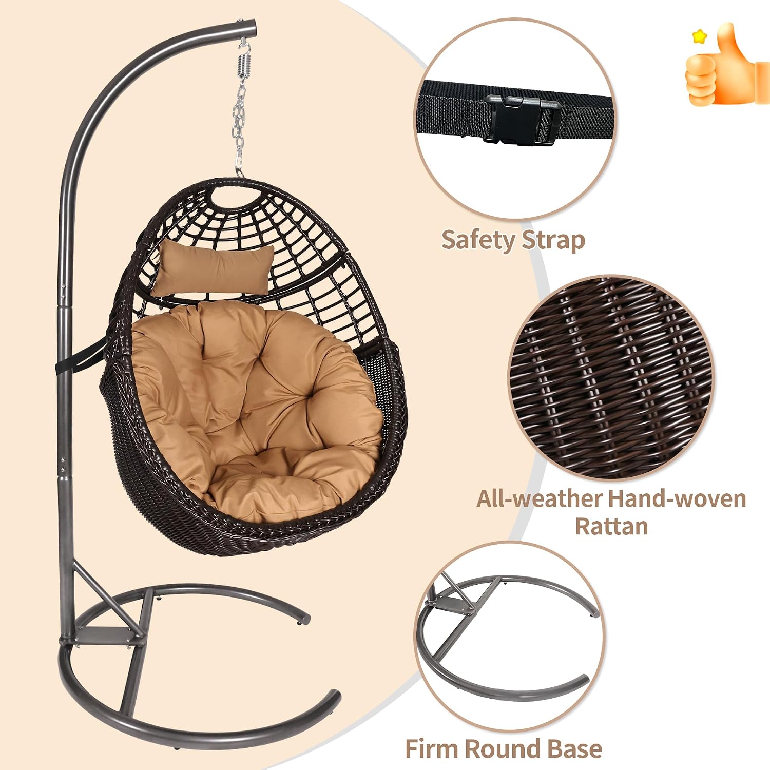 TWT Hanging Egg Chair with Stand, 330lbs Capacity Patio Wicker Egg Swing Chair with UV Resistant Cushion for Bedroom Garden Indoor Outdoor (Dark Brown)