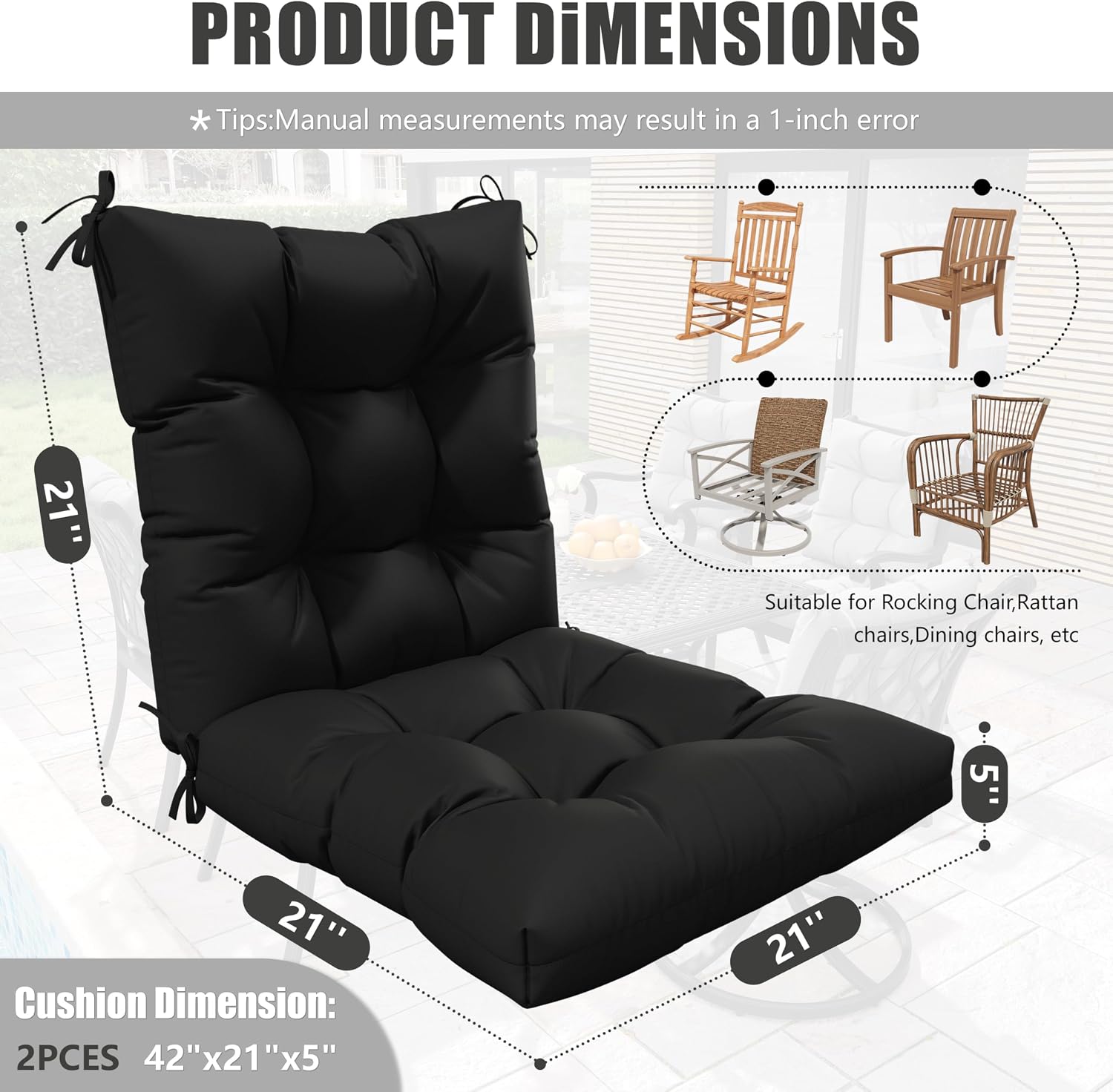 2sets Rocking Chair Cushion Set,Outdoor Patio Chair Cushions,Waterproof and Fade-Resistant Replacement Tufted Pads with Ties for Indoor Outdoor Rocker/Patio/Swing Chair,42 x 21 x 5 Inches