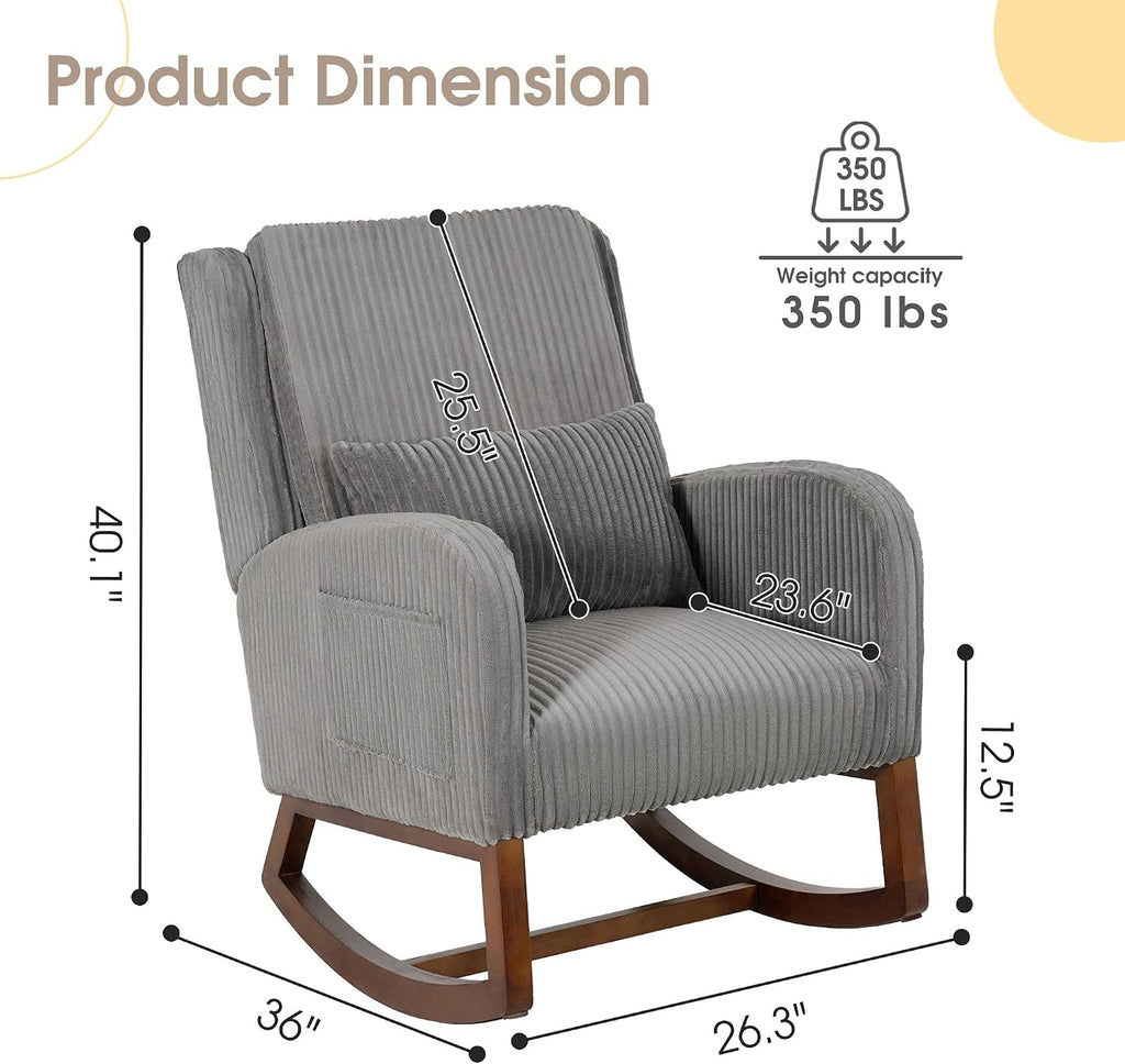 COCO DESIGN Corduroy Upholstered Rocking Chair for Nursery, Padded Seat & Back, Sturdy Wood Rockers for Living Room, Nursery, Bedroom Relaxation (Dark Grey)