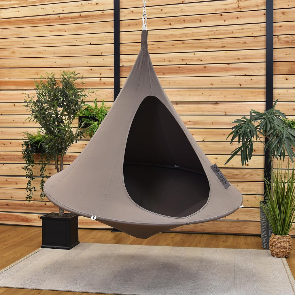 Single Cacoon Hanging Chair – Cozy Indoor/Outdoor Hammock with Polyester Canvas, 440 lb Capacity, Includes 18ft Rope & Carabiner (Taupe)
