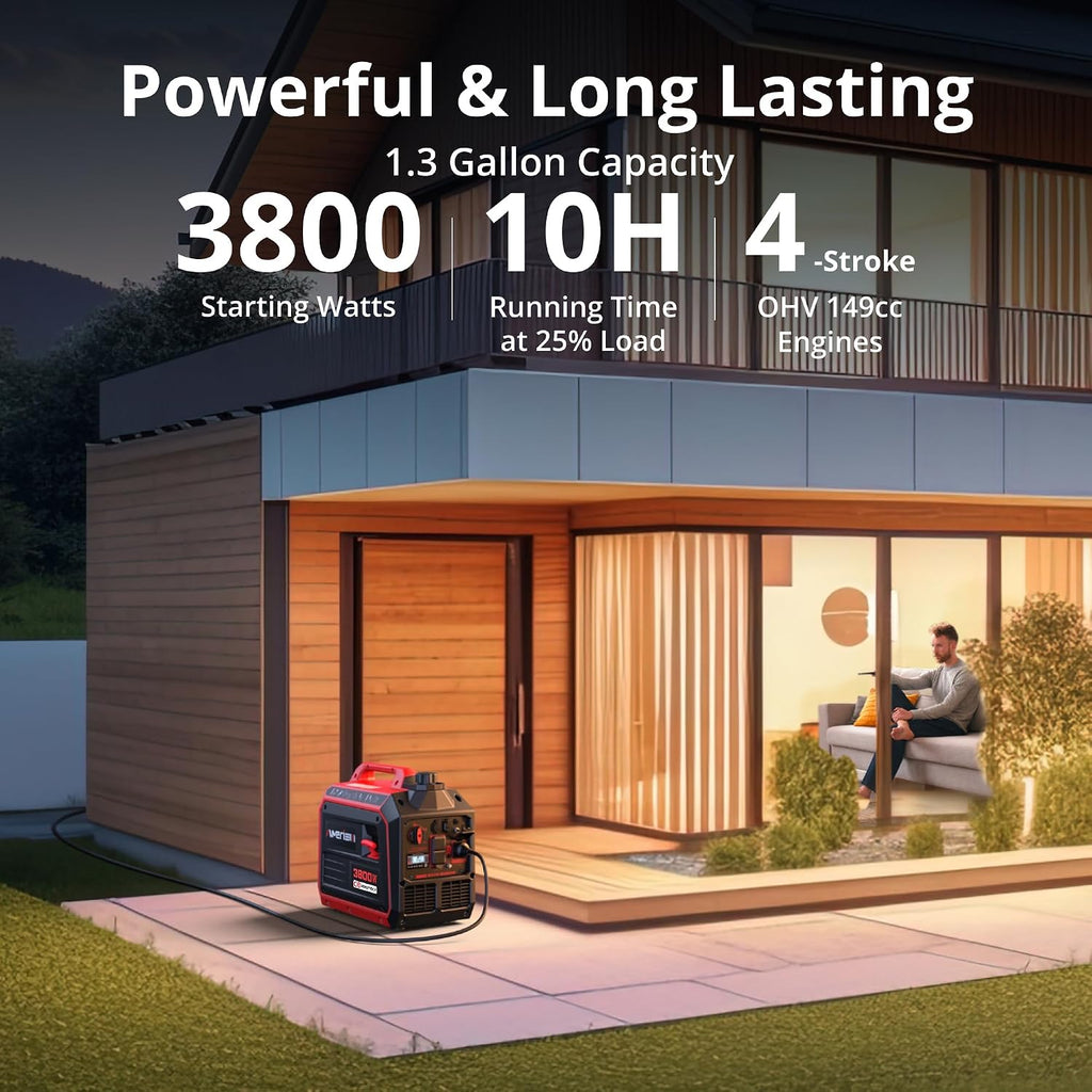 AMERISUN 3800W Gas Powered Portable Inverter Generator, Gas Generator with CO Sensor ECO Mode Digital Display, Parallel Capable EPA Compliant Long Runtime for Camping Tailgating Home Quiet Lightweight