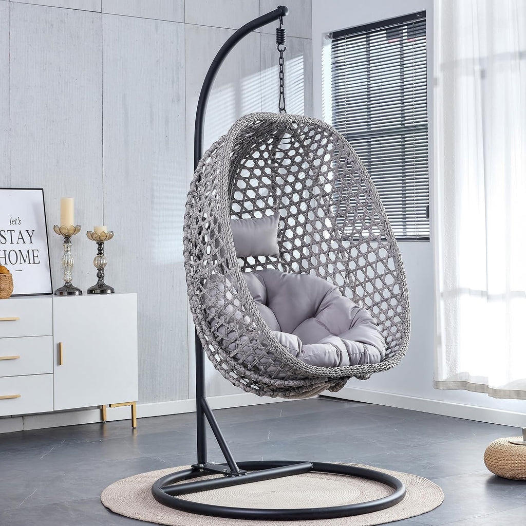 Egg Swing Chair Outdoor with Stand, Swinging Chair Outdoor,Hanging Egg Chairs with Cushion and Pillow, Foldable Basket and Metal Stand for Porch, Patio, Bedroom, Balcony (Grey)