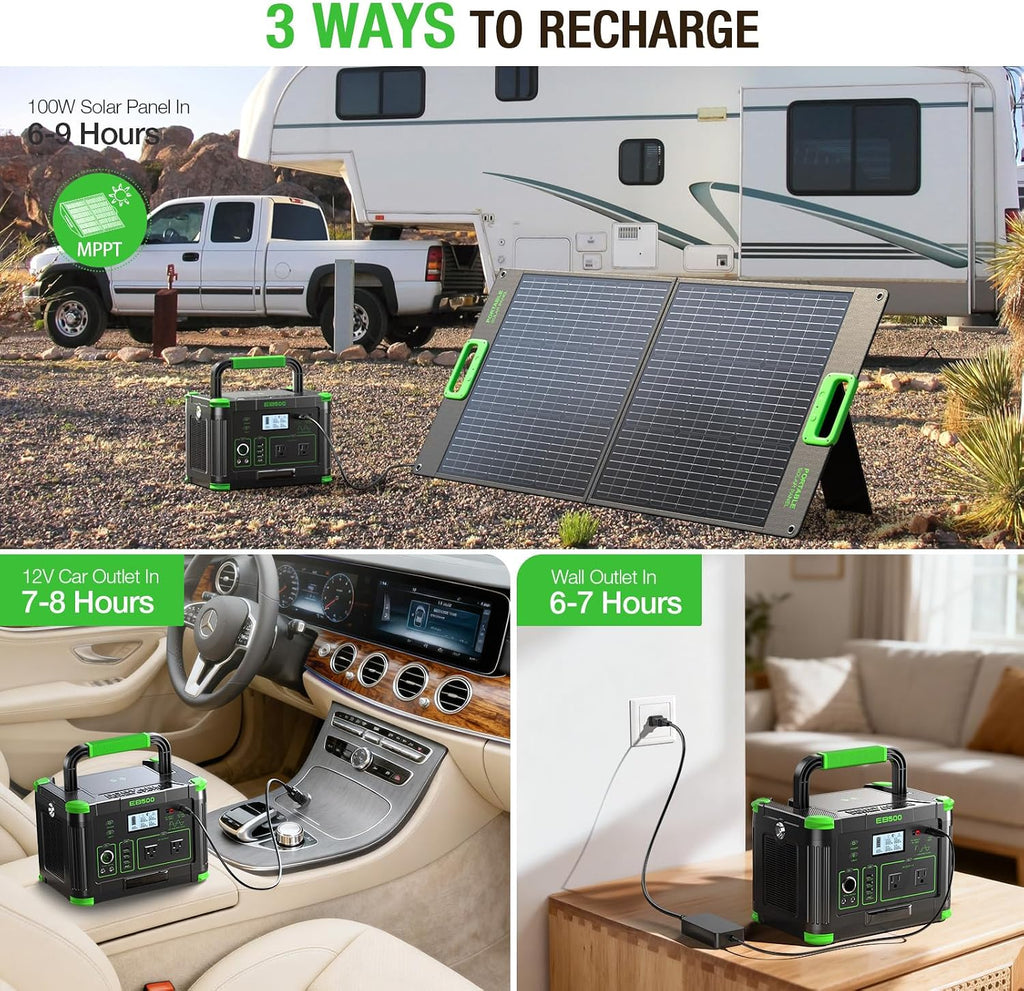 500W Portable Power Station 519Wh Solar Generator Backup Battery - Multi-Output Emergency Power Supply with 60W PD USB-C, QC3.0 USB-A, AC/DC/Car Ports & Wireless Charger for Camping, Home Outage