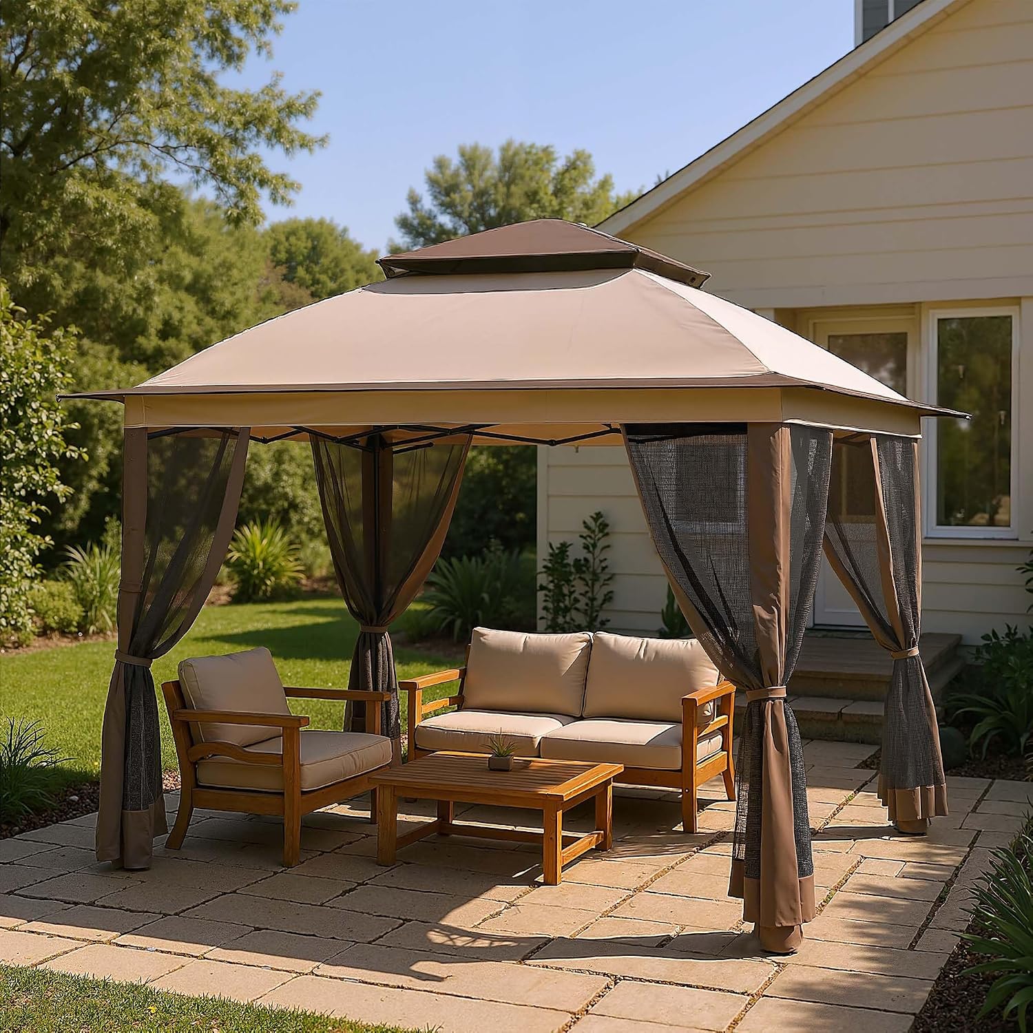 Pop Up Gazebo 11x11, Outdoor Instant Canopy Shelter Tent with Mosquito Netting Metal Frame Storage Bag for Patio Garden Backyard.(Beige)