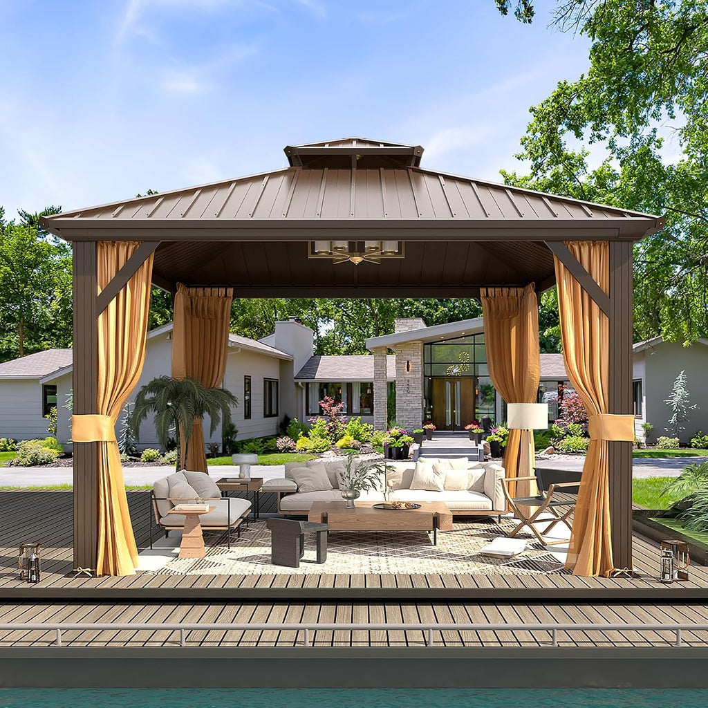 MELLCOM 12'x12' Hardtop Gazebo, Metal Double Roof Aluminum Gazebos with Curtain and Netting,Brown Permanent Galvanized Steel Pavilion for Patio, Lawn & Deck