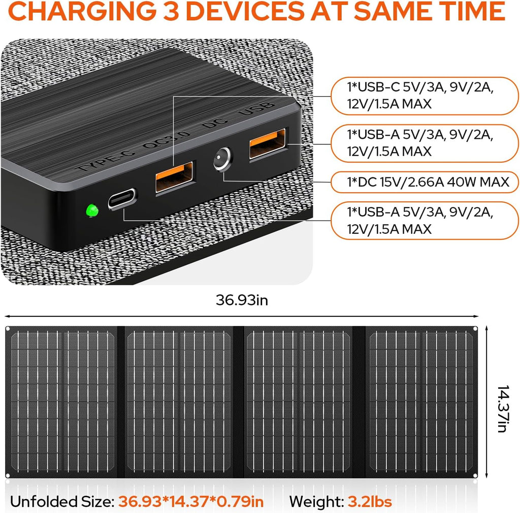 Portable Power Station with Foldable 40W Solar Panel, 100W Solar Powered Generator with Panels, AC Outlet Camping Solar Power Bank 146Wh DC Battery Pack for Smart Device RV Outdoor Power Outage