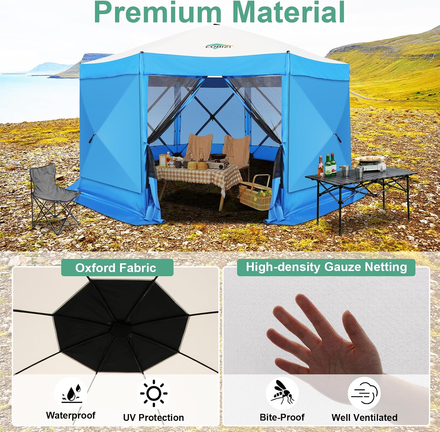 COBIZI 15x15ft Extra Large Pop Up Gazebo Canopy Tent with Mosquito Netting, Spacious Easy Set-Up Screened Shelter, Durable Outdoor Pavilion with Ground Stakes, Perfect for Patio, Backyard, Blue