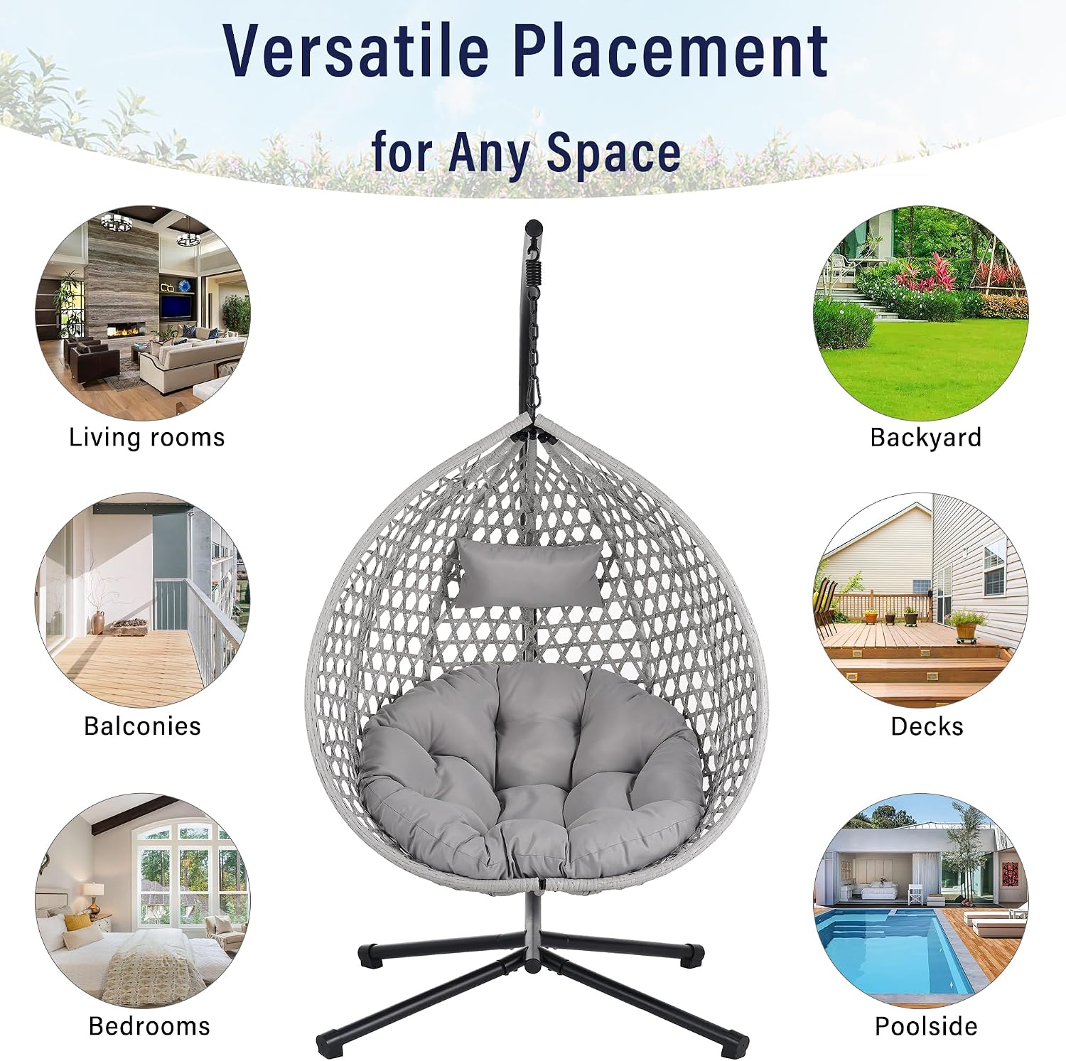 Polibi Hanging Egg Chair with Stand - PE Rattan Indoor Outdoor Swing Chair Heavy Duty 330lbs - Breathable Hollowed Design & Adjustable Headrest - Patio Balcony Garden Lounger,Gray+Gray