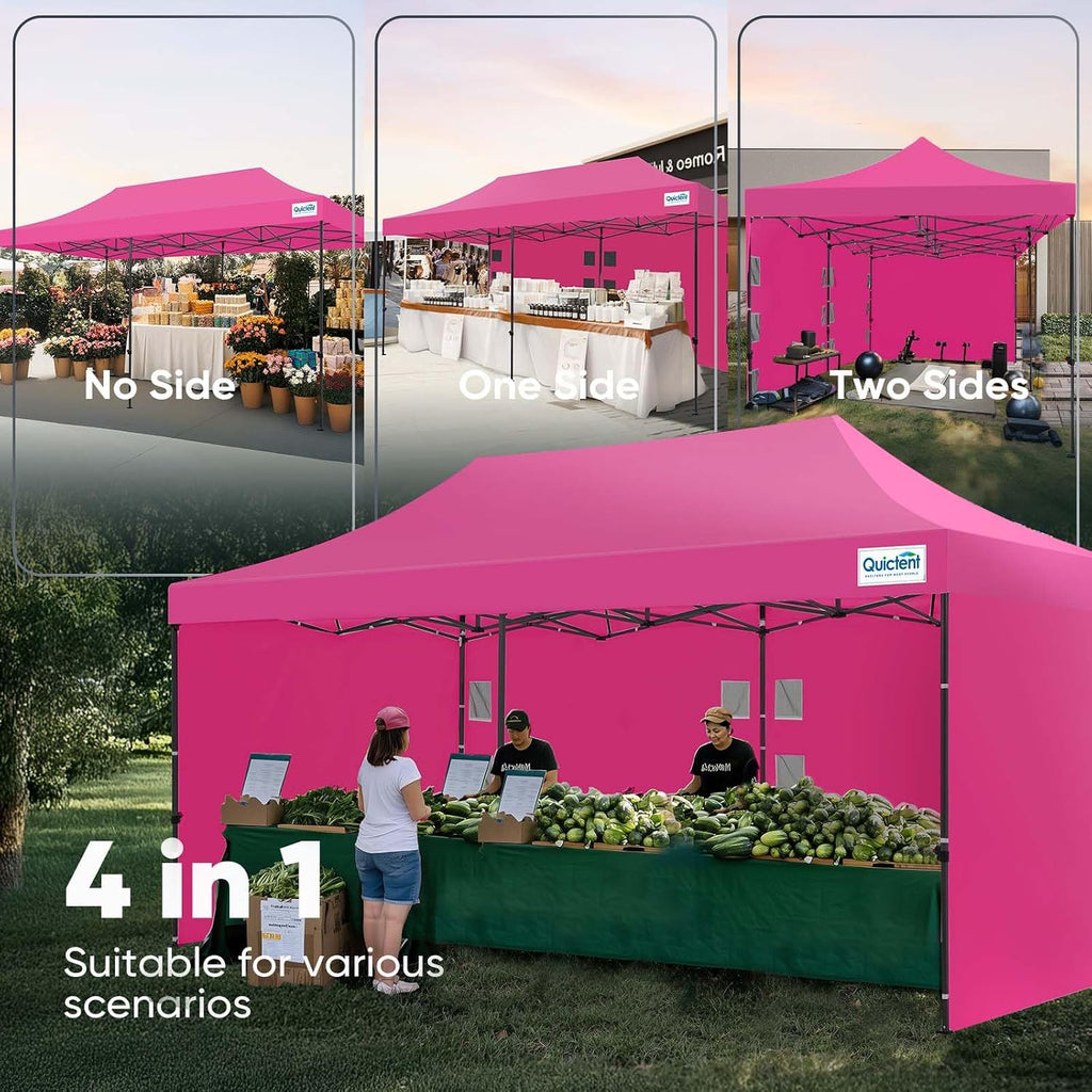 Quictent 10x20 Heavy Duty Pop up Canopy Tent with 3 Removable Sidewalls, Commercial Grade Instant Shelter with Wheeled Bag for Outdoor, Parties, Markets, 600D PU Coated UPF 50+ Sun Shield