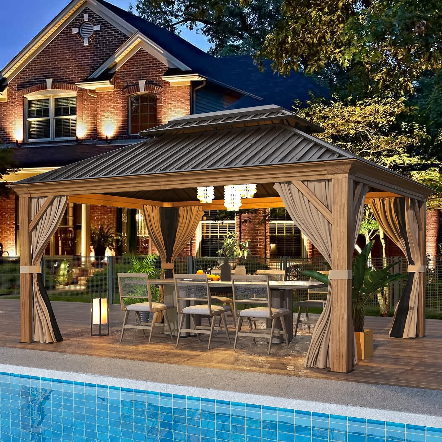EROMMY 12x14 Gazebo, Wooden Finish Frame Gazebos with Galvanized Steel Roof for Patio & Backyard
