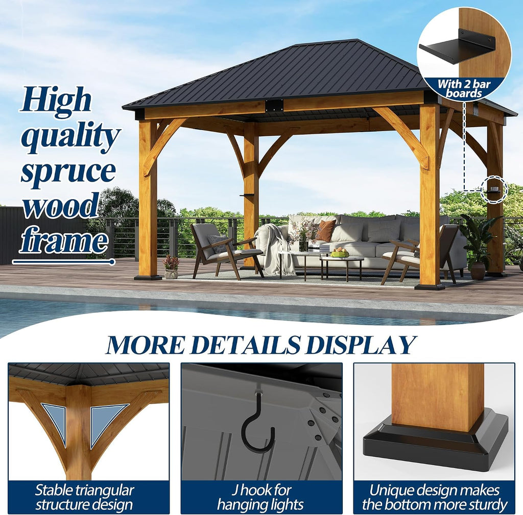COVERONICS 11' x 13' Wooden Gazebo with Galvanized Steel Roof, Outdoor Spruce Wood Patio Gazebo, Heavy-Duty Hardtop Gazebo for Garden, Poolside, Deck & Backyard