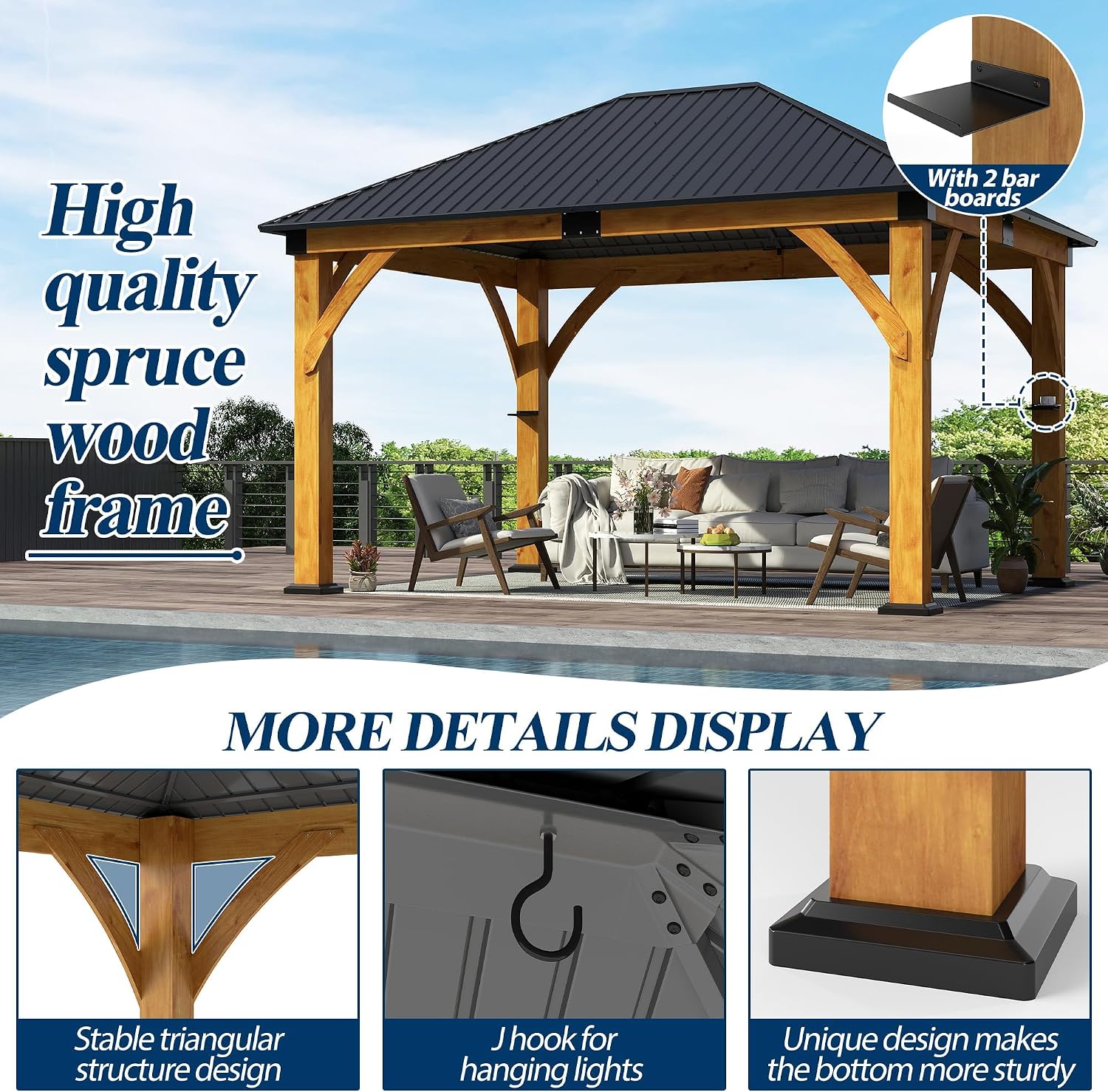 COVERONICS 11' x 13' Wooden Gazebo with Galvanized Steel Roof, Outdoor Spruce Wood Patio Gazebo, Heavy-Duty Hardtop Gazebo for Garden, Poolside, Deck & Backyard