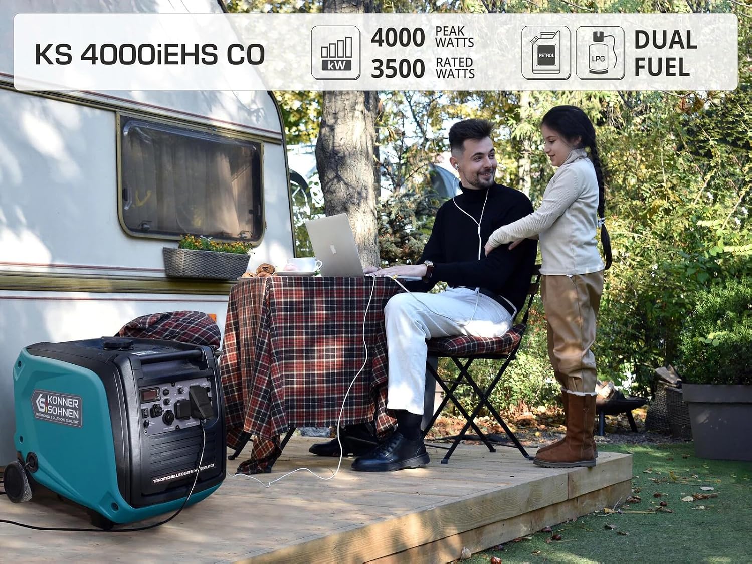 Konner&Sohnen Dual Fuel Inverter Generator - 4000 Watt, Portable and Lightweight, Super Quiet with CO Sensor, for Backup Home Use, Camping, RV, LPG/Gas Powered (German brand, model: KS 4000iEHS CO)