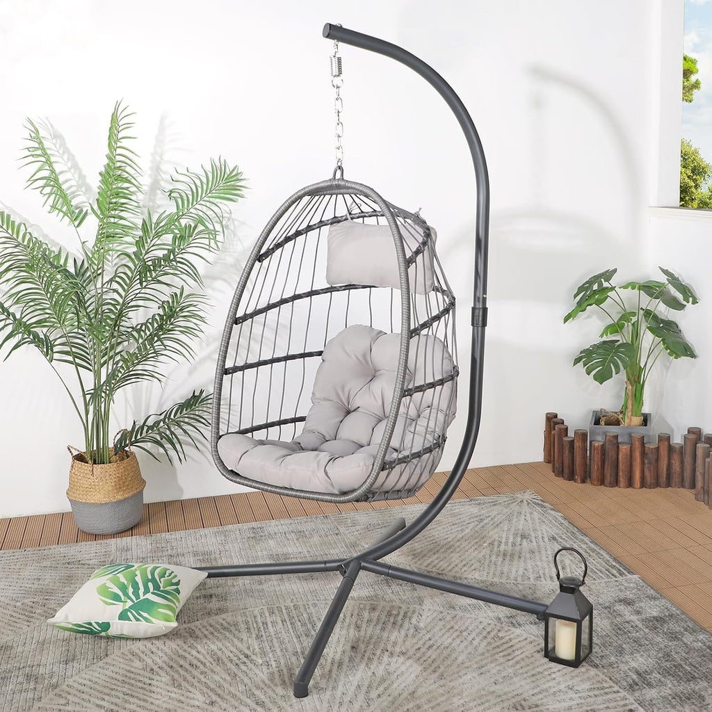 Egg Chair with Stand, Patio Rattan Wicker Hanging Swing Egg Chair Basket Hanging Chair with dust Cover for Indoor Outdoor Bedroom Garden Aluminum Steel Frame