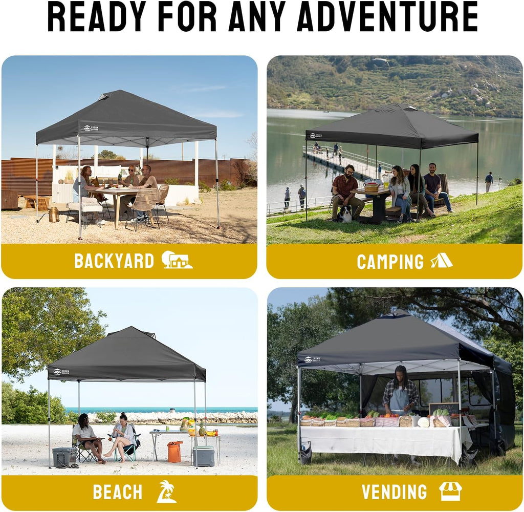 CROWN SHADES 10x10 Pop Up Canopy - Beach Tent with One Push Setup - Easy Outdoor Sun Shade Shelter for Events, Parties - Gazebo with STO-N-Go Cover Bag, Silver Coated Top, Grid Grey