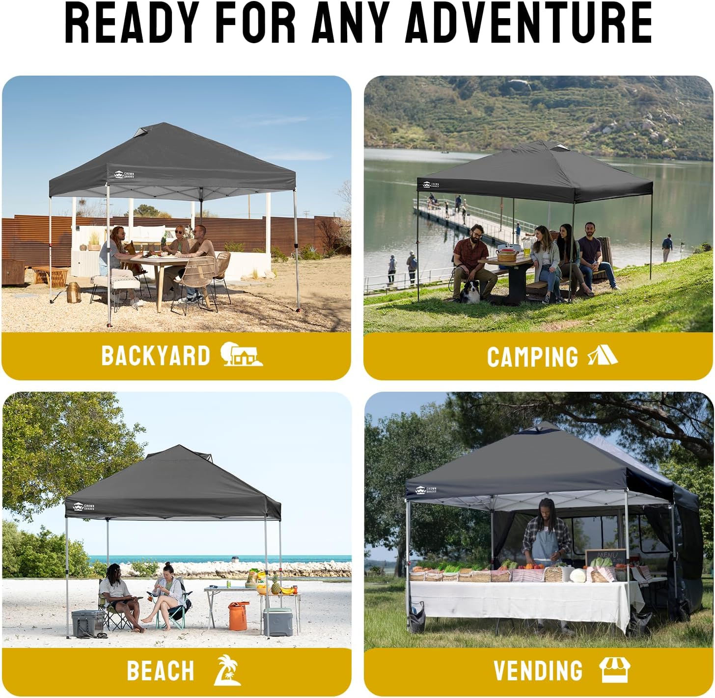 CROWN SHADES 10x10 Pop Up Canopy - Beach Tent with One Push Setup - Easy Outdoor Sun Shade Shelter for Events, Parties - Gazebo with STO-N-Go Cover Bag, Silver Coated Top, Grid Grey