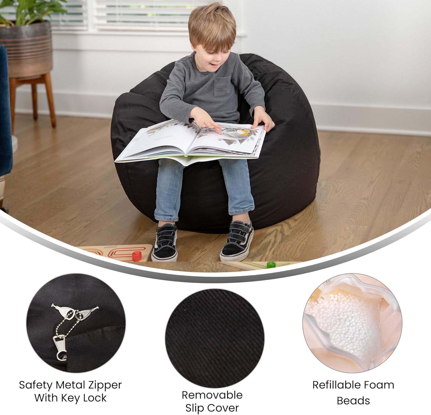 EMMA + OLIVER Daisy Small Solid Black Bean Bag Chair for Kids and Teens