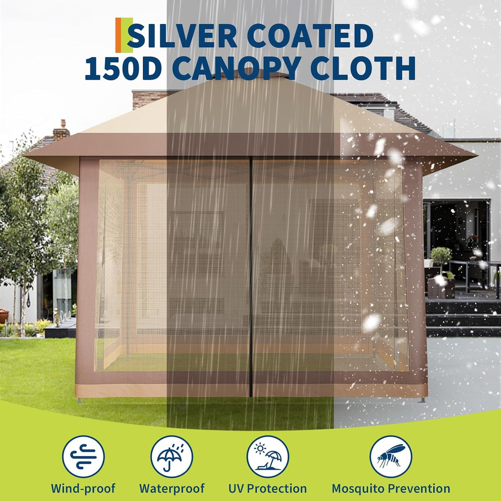 13x13FT Pop Up Gazebo with Mosquito Netting, Outdoor Canopy Tent with Double Roof, Folding Gazebo for Patio, Backyard, Garden, Camping, Party, Wedding, Adjustable Height Khaki