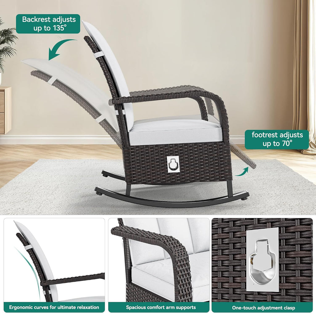YITAHOME Outdoor Rocking Chair, Wicker Lounge Chair with Adjustment Backrest, PE Rattan Patio Recliner with Adjustable Footrest and Soft Cushions, Ideal for Garden Backyard Porch Patio