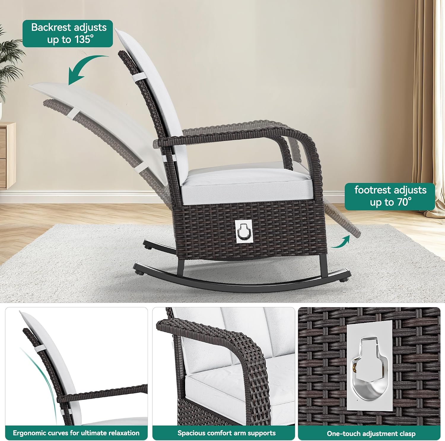 YITAHOME Outdoor Rocking Chair, Wicker Lounge Chair with Adjustment Backrest, PE Rattan Patio Recliner with Adjustable Footrest and Soft Cushions, Ideal for Garden Backyard Porch Patio