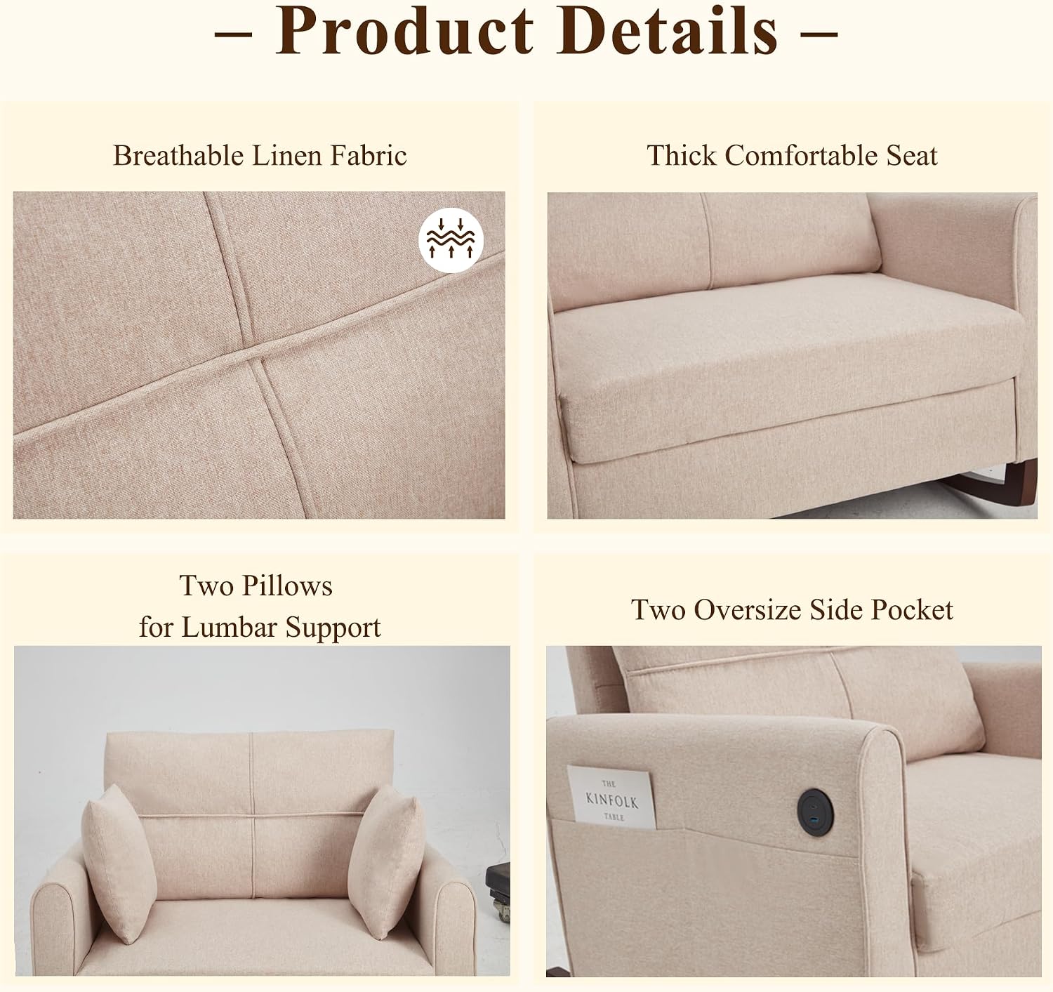 HOMREST Rocking Chair, Upholstered Nursery Rocking Chair with High Back and Side Pocket USB Port, Double Wide Rocker Glider Chairs with Wood Legs for Living Room, Bedroom, Nursery, Beige