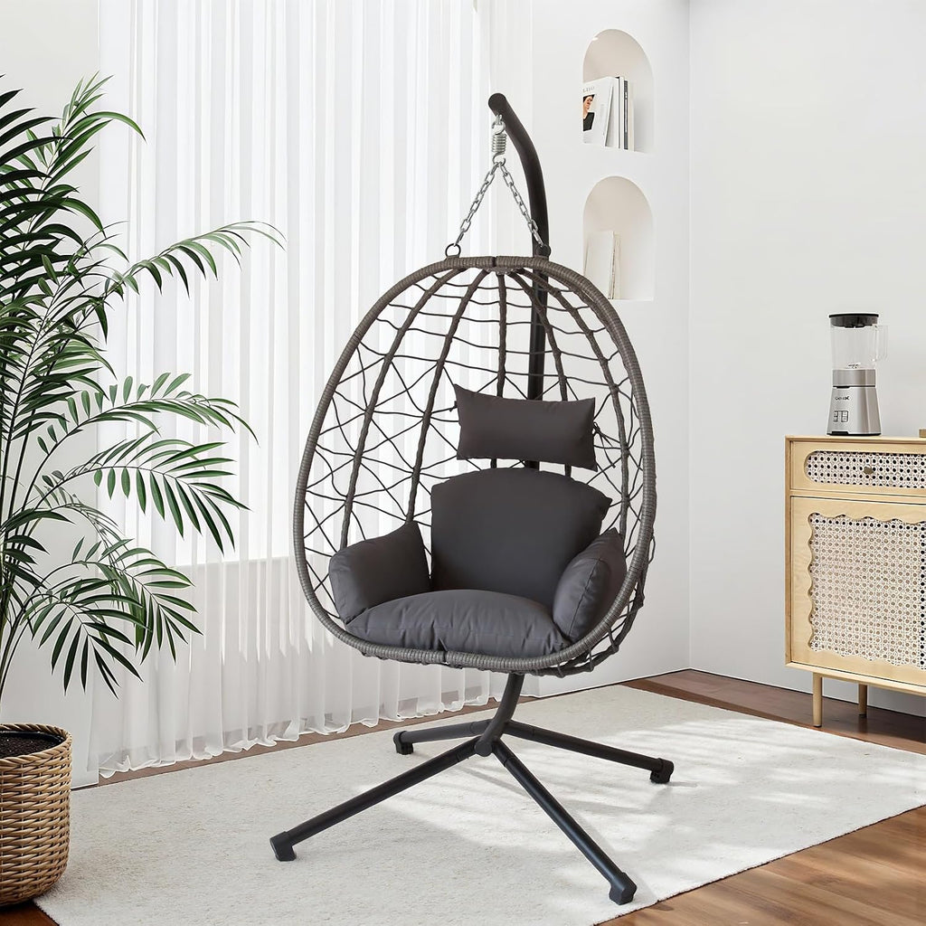 JOINFUN Egg Chair with Stand, Patio Wicker Hanging Swing Egg Chair Thickened, Galvanized Pipe Steel Frame and UV Resistant Cushion for Bedroom Garden Indoor Outdoor, 350LBS Capacity (Drak Grey)