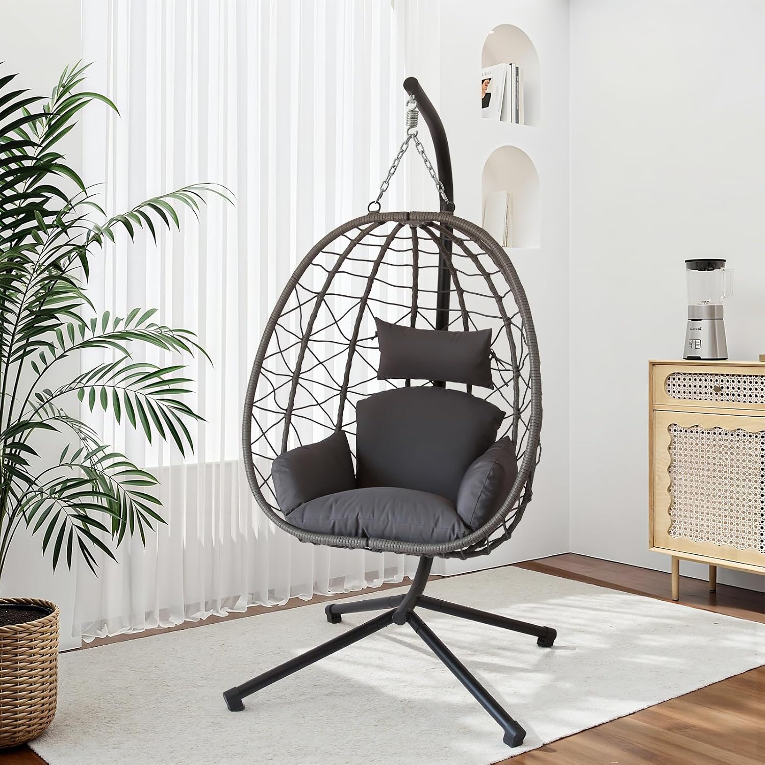 JOINFUN Egg Chair with Stand, Patio Wicker Hanging Swing Egg Chair Thickened, Galvanized Pipe Steel Frame and UV Resistant Cushion for Bedroom Garden Indoor Outdoor, 350LBS Capacity (Drak Grey)