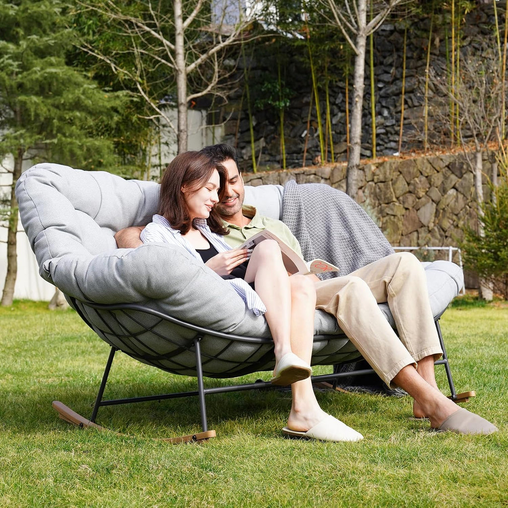 Grand patio Rocking Chair Outdoor, Oversized Rocking Chair for 2 with E-Coated Steel Frame and Thick Cushion, Comfy Papasan Loveseat Rocker for Patio Porch Deck