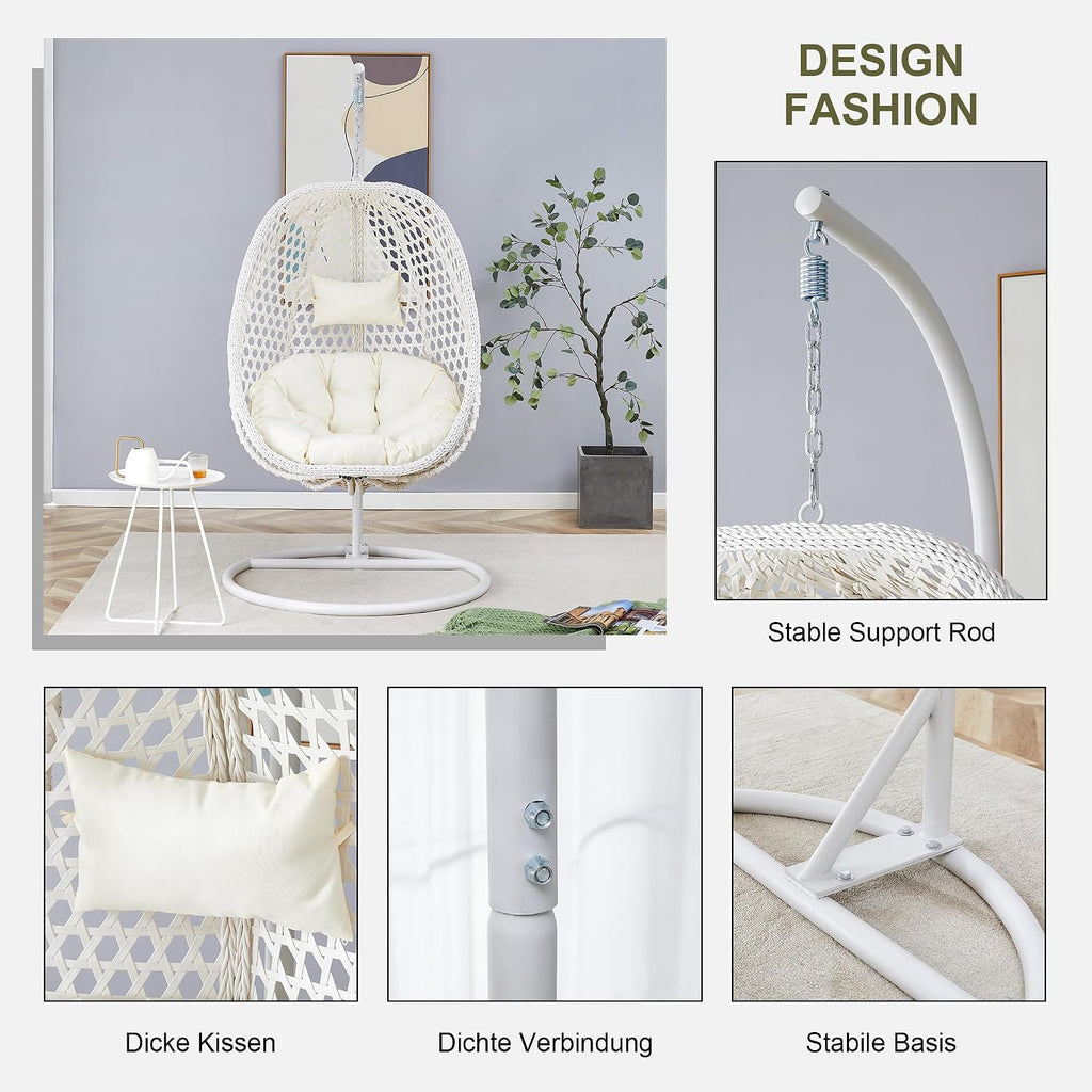 Egg Swing Chair Outdoor with Stand, Hanging Egg Rattan Basket Chair with Cushion and Pillow, Lounge Chairs, Foldable Basket and Metal Stand for Porch, Patio, Bedroom, Balcony,Yard (White)