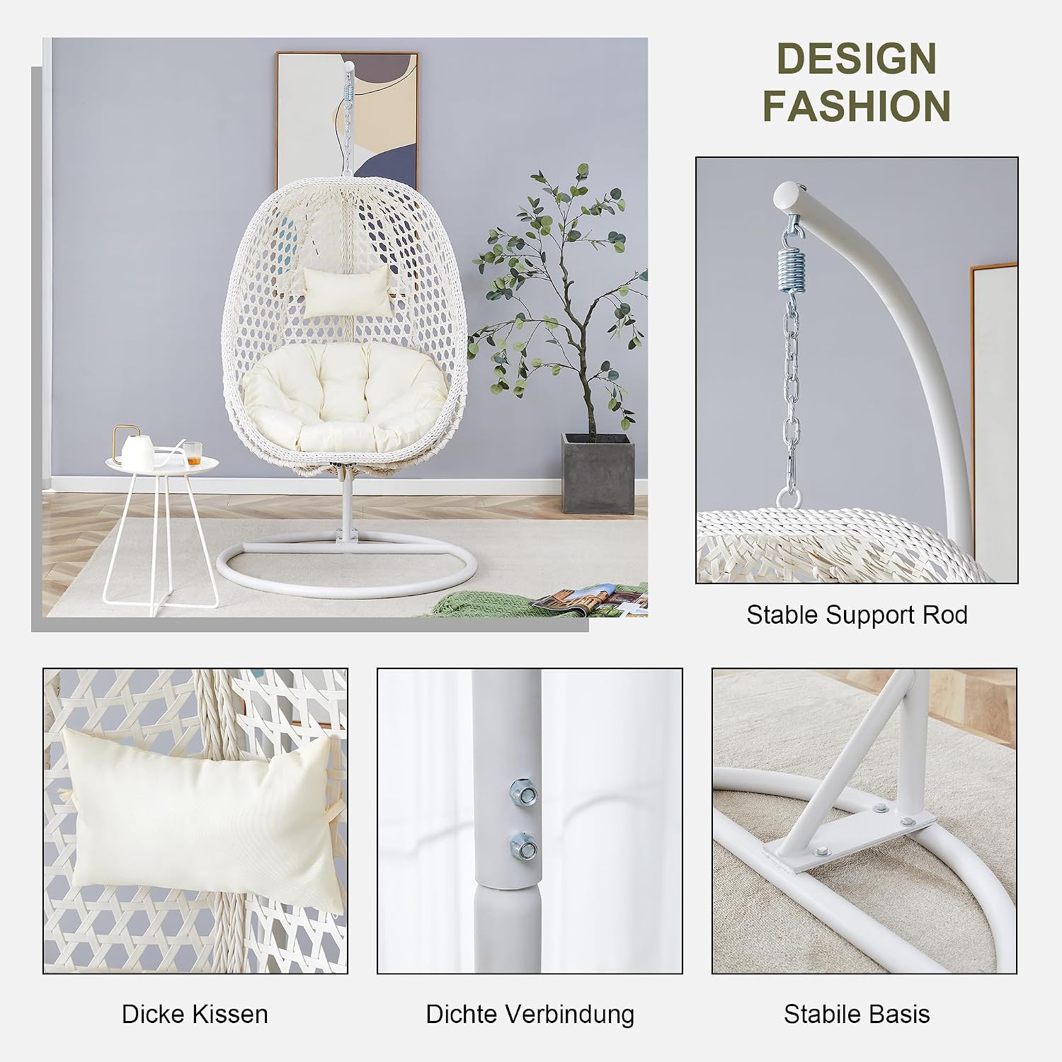 Egg Swing Chair Outdoor with Stand, Hanging Egg Rattan Basket Chair with Cushion and Pillow, Lounge Chairs, Foldable Basket and Metal Stand for Porch, Patio, Bedroom, Balcony,Yard (White)