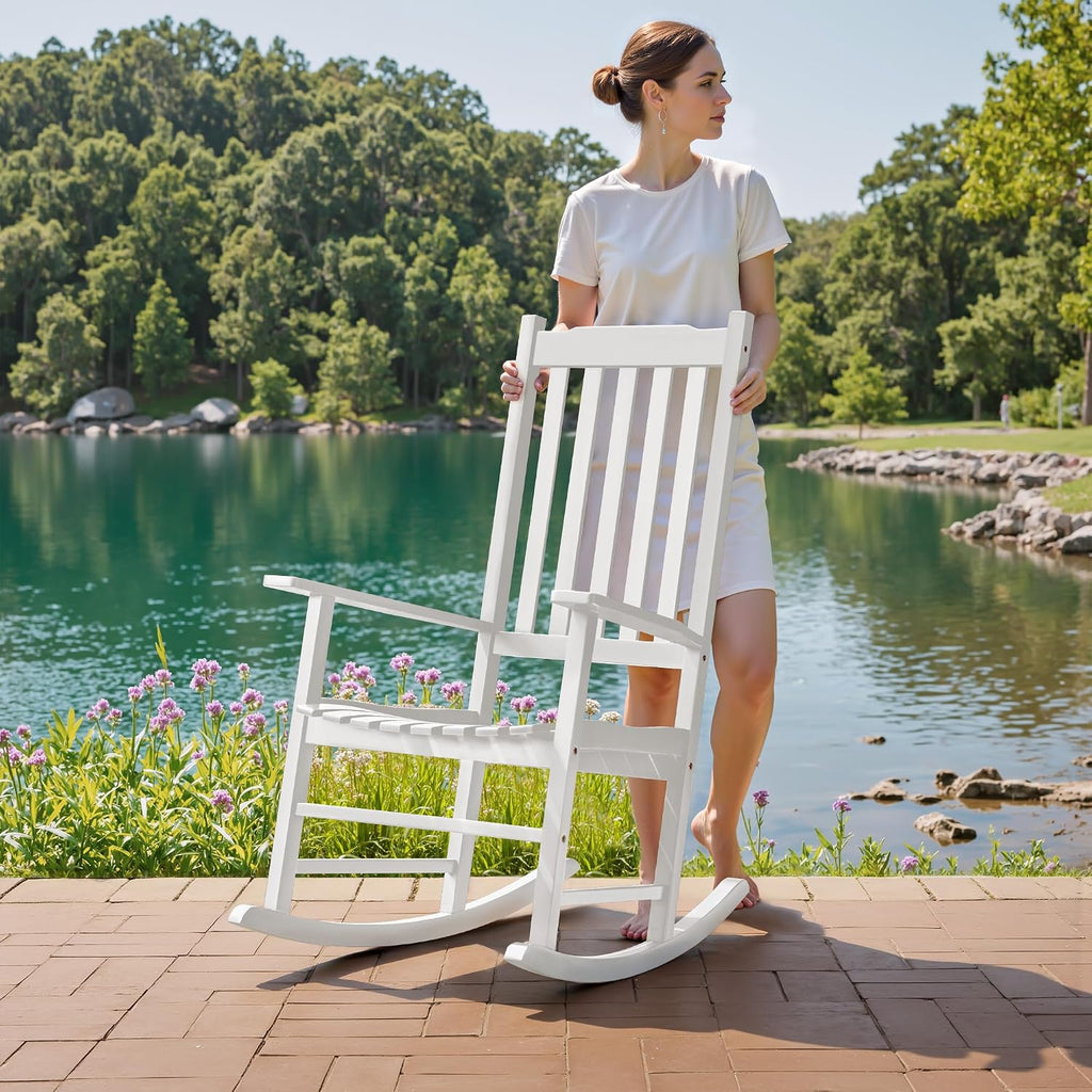 Flamaker Outdoor Rocking Chair Oversized Wooden Patio Chairs with Widened Armrest High Back Porch Rocker for Lawn, Garden, Backyard, Fire Pit (White)