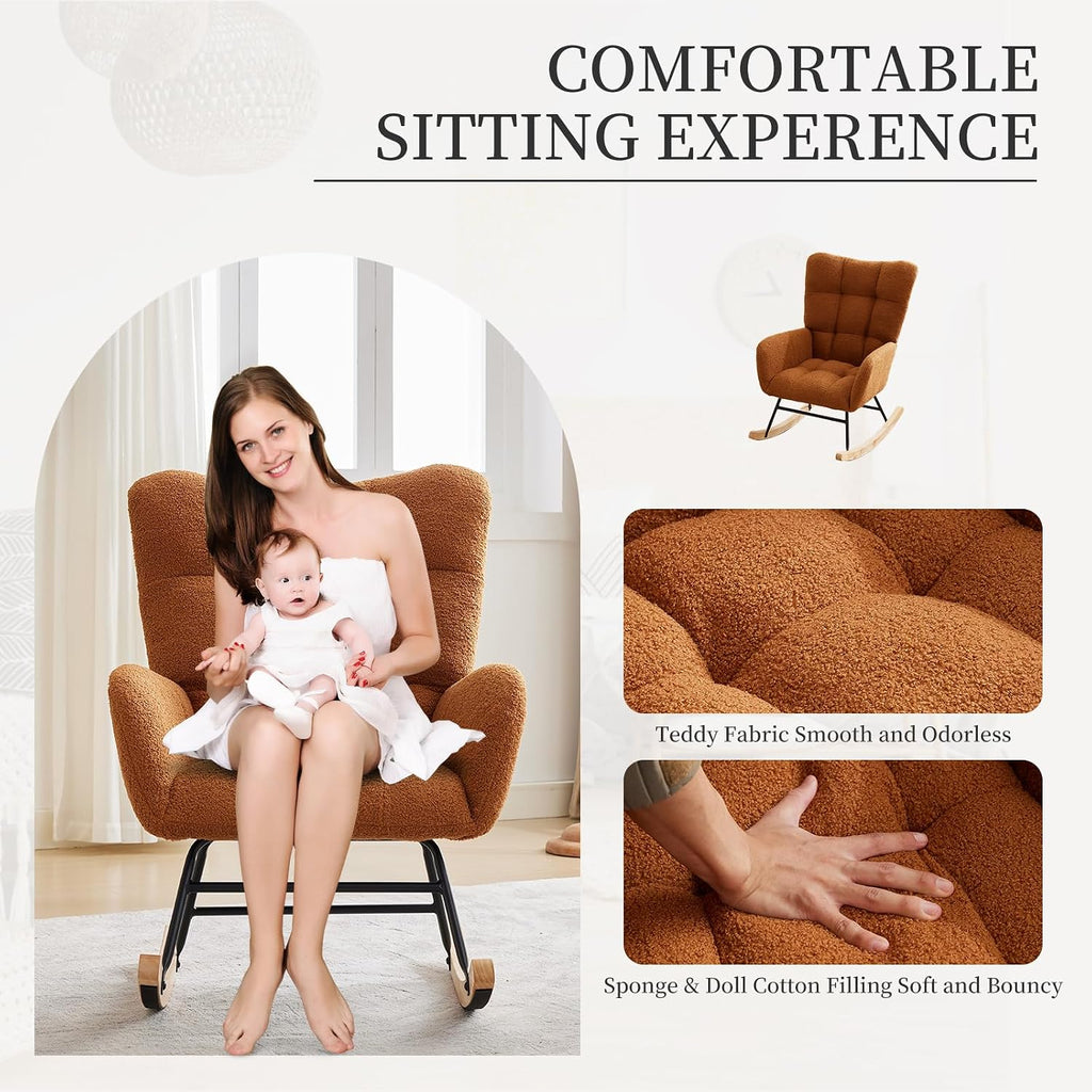 GarveeHome Rocking Chair Nursery, Teddy Upholstered Glider Chair with High Backrest, Armrest and Side Pockets, Modern Comfy Accent Armchair Reading Chair for Bedroom, Living Room