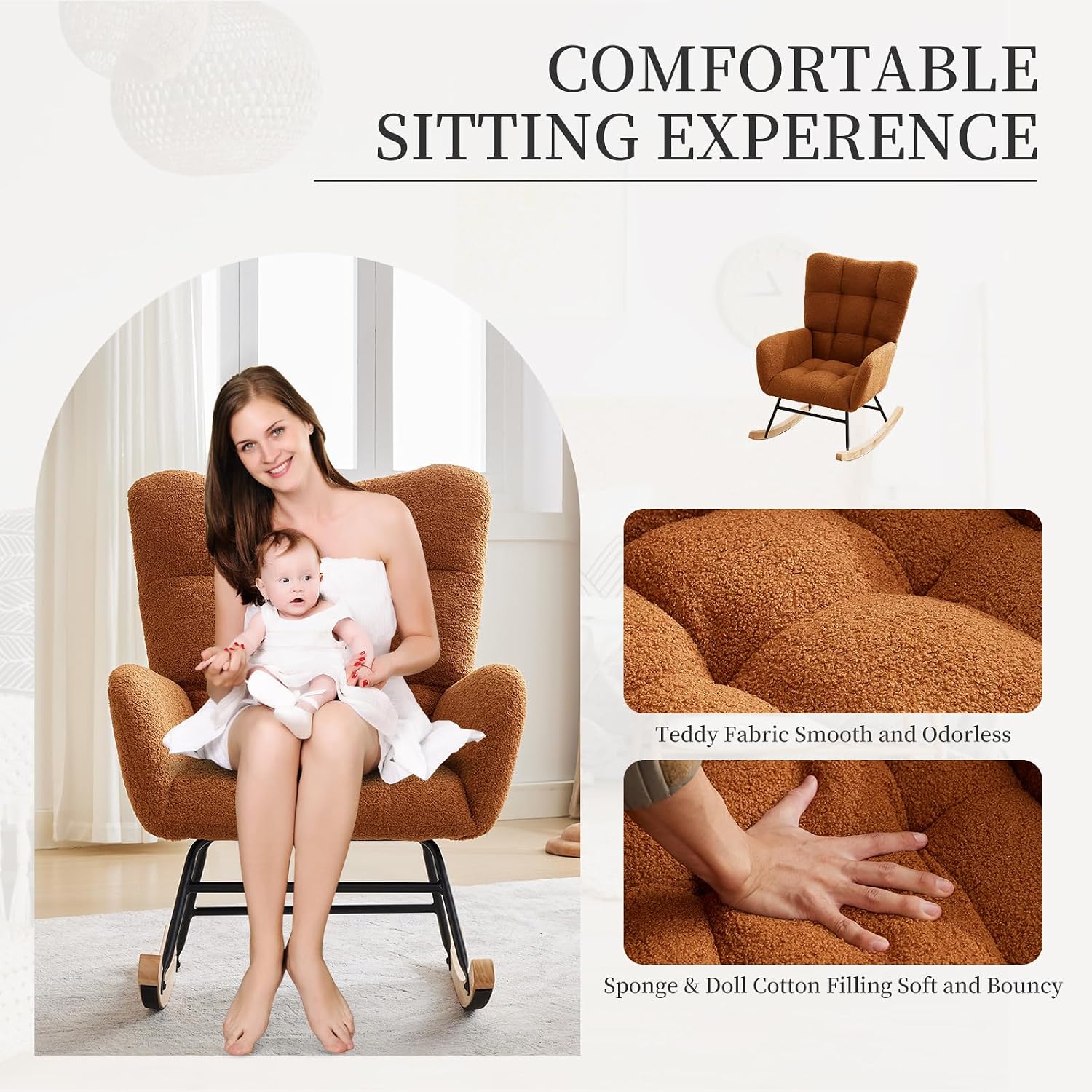GarveeHome Rocking Chair Nursery, Teddy Upholstered Glider Chair with High Backrest, Armrest and Side Pockets, Modern Comfy Accent Armchair Reading Chair for Bedroom, Living Room