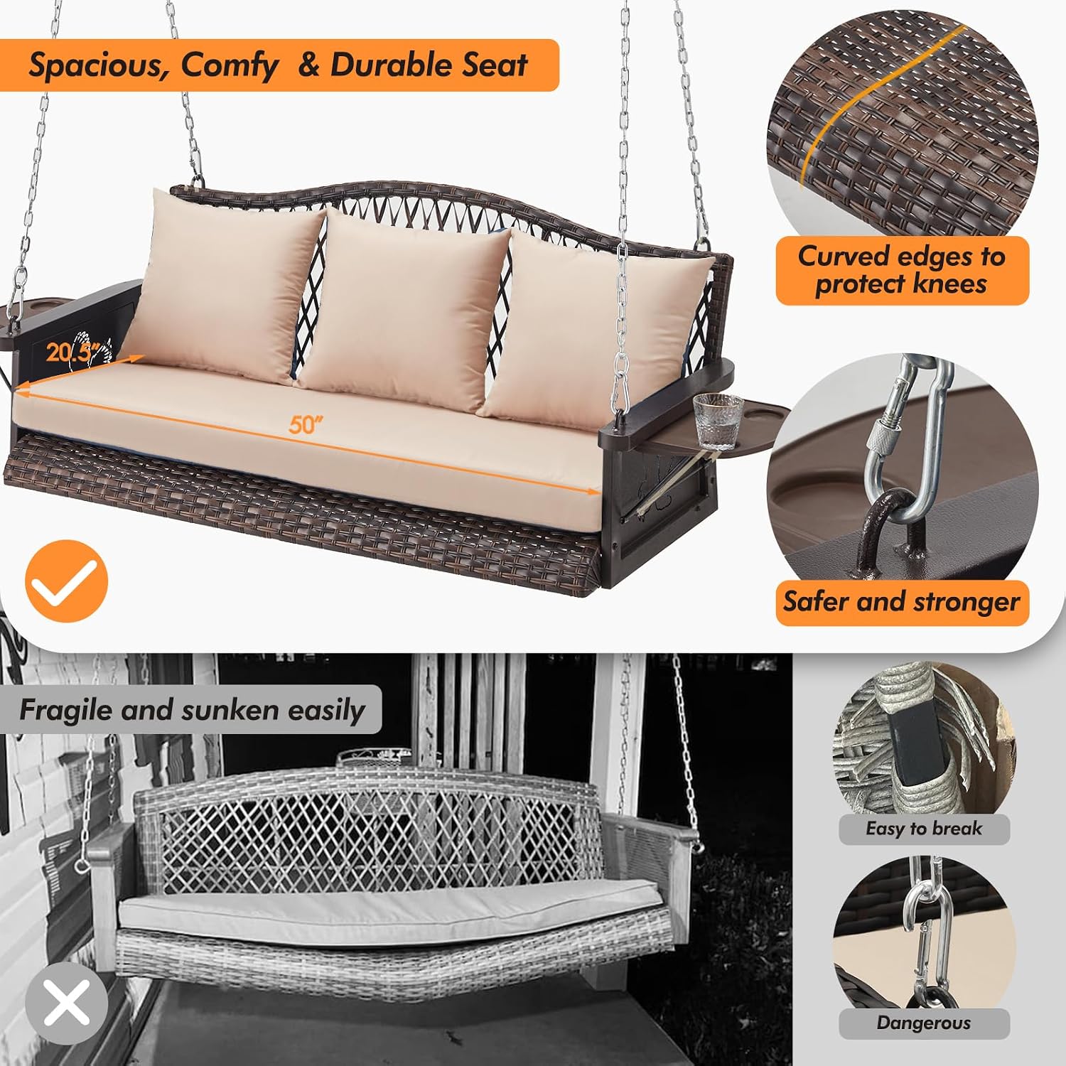 ZZW Upgraded Wicker Hanging Porch Swing Heavy Duty 900lbs 3-Seat Outdoor Patio Swing Chair Bench for Adult w/ 8.9ft Hanging Chains Cushions and Cup Holder
