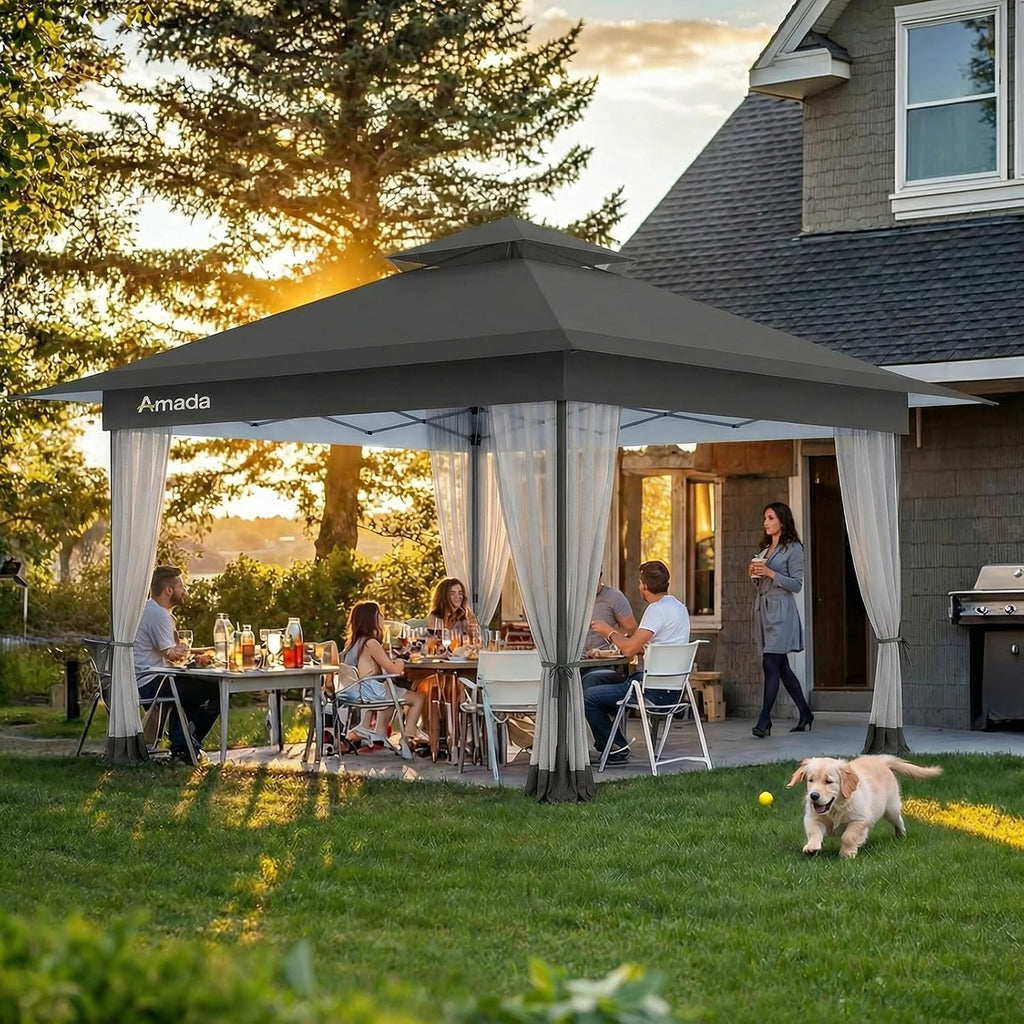 Amada 13x13 Pop Up Gazebo for Backyard & Patio Furniture,Gazebos on Clearance with Wheeled STO-N-Go Cover Bag,Carpa Pop Up Tent Party Tent and Shelter with Mosquito Netting for Lawn,Garden,Deck,Grey