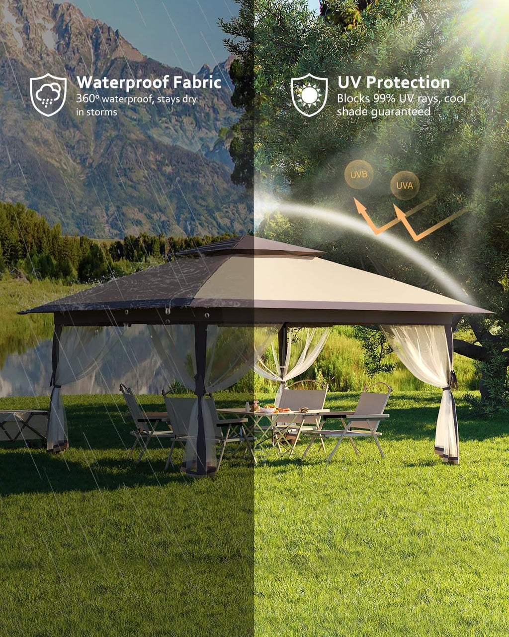 13x13 Canopy Tent, Pop Up Gazebo with Mosquito Netting, Outdoor Gazebo with 4 Sandbags & Wheeled Bag, pop up Canopy for Backyard & Patio Furniture, Patio, Deck