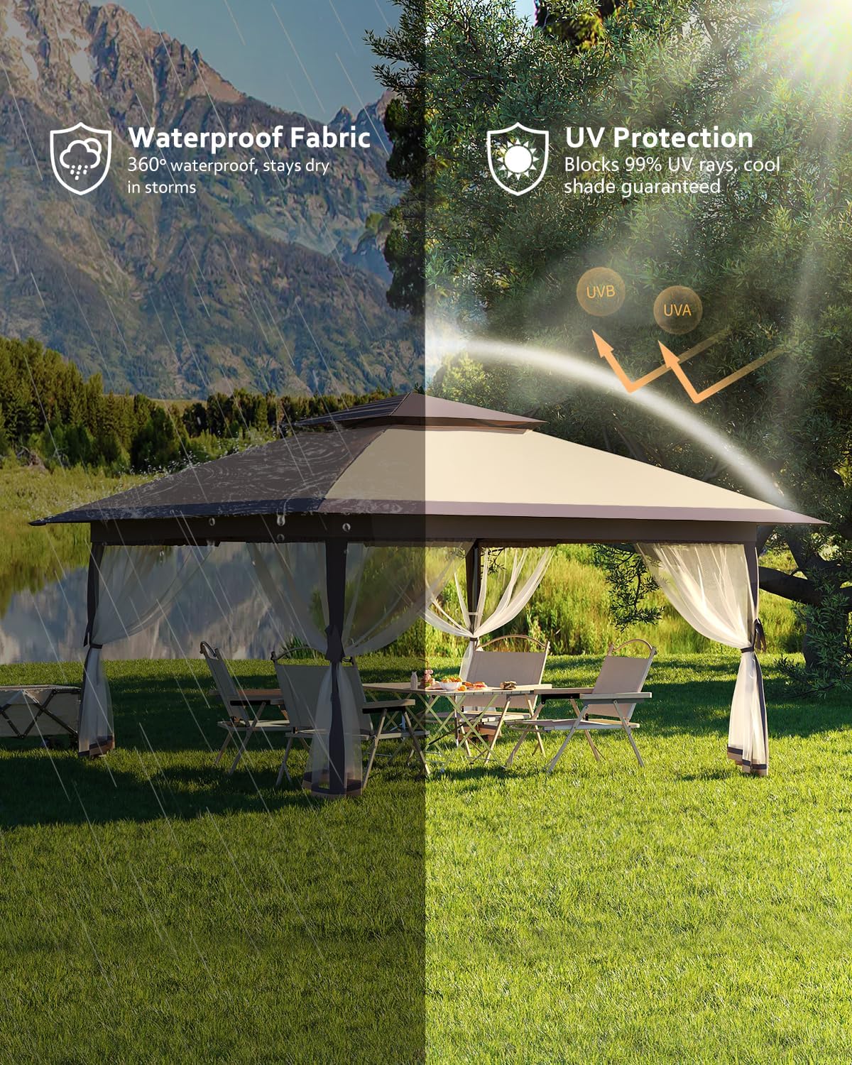 13x13 Canopy Tent, Pop Up Gazebo with Mosquito Netting, Outdoor Gazebo with 4 Sandbags & Wheeled Bag, pop up Canopy for Backyard & Patio Furniture, Patio, Deck