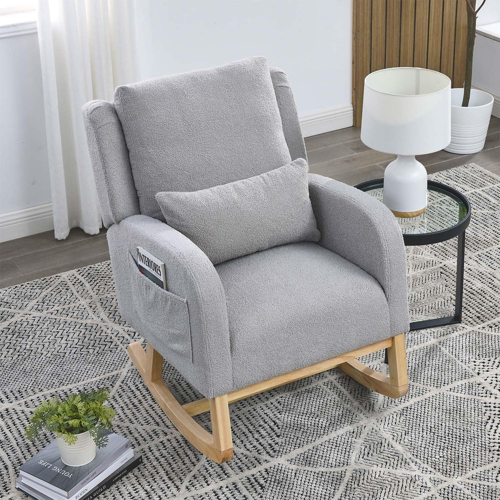 Rocking Glider Chair for Nursery, Wingback Accent Rocker Chair Upholstered Tall Back Arm Chair w/Side Pockets, Modern Leisure Single Sofa for Living Room, Hotel, Bedroom, Baby Room, Grey