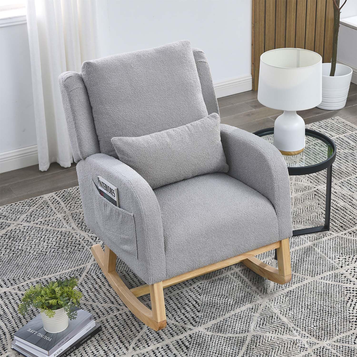 Rocking Glider Chair for Nursery, Wingback Accent Rocker Chair Upholstered Tall Back Arm Chair w/Side Pockets, Modern Leisure Single Sofa for Living Room, Hotel, Bedroom, Baby Room, Grey