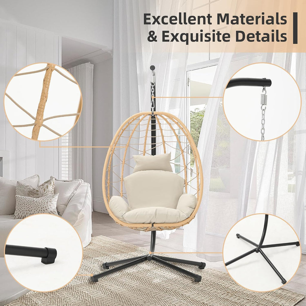 DoubleTT Egg Chair with Stand, Swing Chair Hanging Chair Nest Basket, UV Resistant Removable & Washable Cushions,350LBS Capacity for Bedroom, Balcony, Garden（YE-BE
