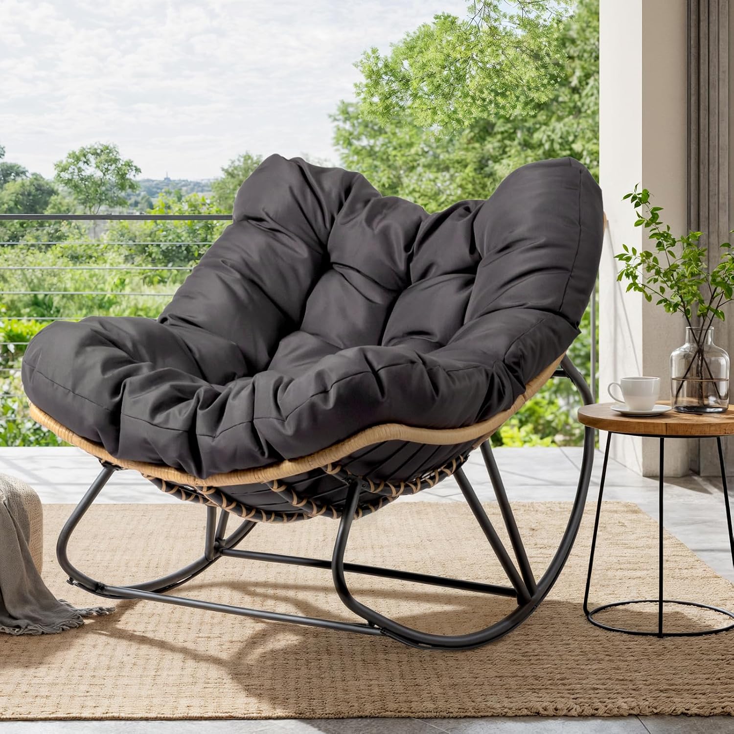 VINGLI Papasan Rocking Chair Outdoor, Patio Rocking Chair with Cushion, Comfortable Lounge Chair Weatherproof for Garden, Yard, Outdoor/Indoor, Grey