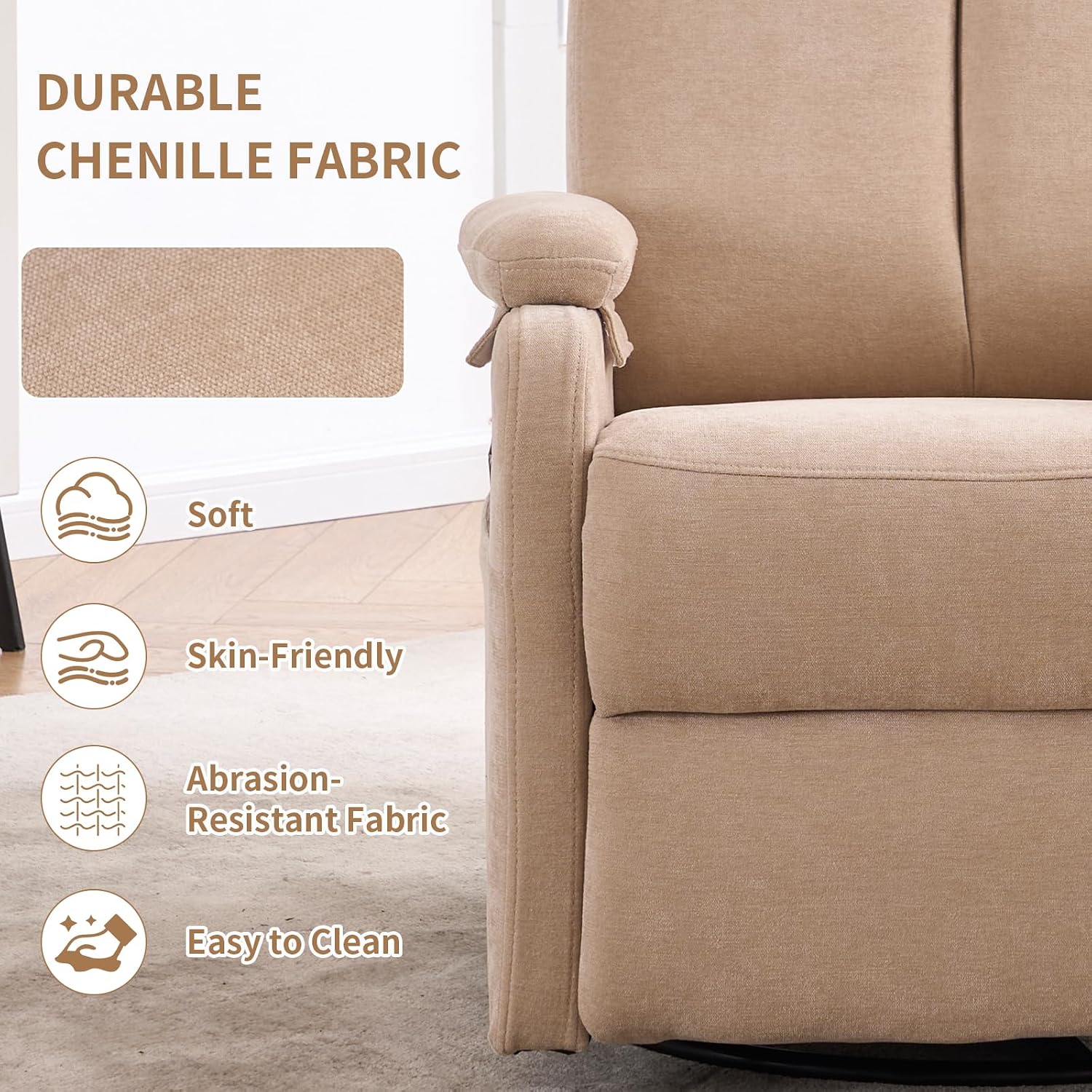 Recliner Chairs, 360° Swivel Rocker Recliner Chair for Adults, Glider Rocking Chair, Small Nursery Recliner for Living Room,RV, Reclining with Modern-Designed Armrests, Fabric Beige