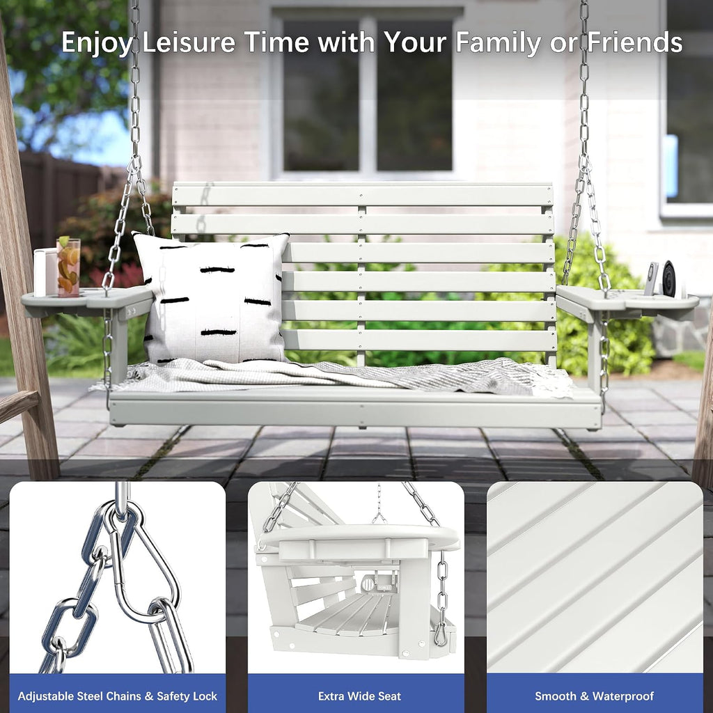 FOOWIN Porch Swing, 4 FT Patio Swing with Cup Holders, Adjustable Hanging Chains, HDPE Outdoor Swing for Patio, Porch, Garden, Yard, Heavy Duty 660 LBS Weight Capacity White