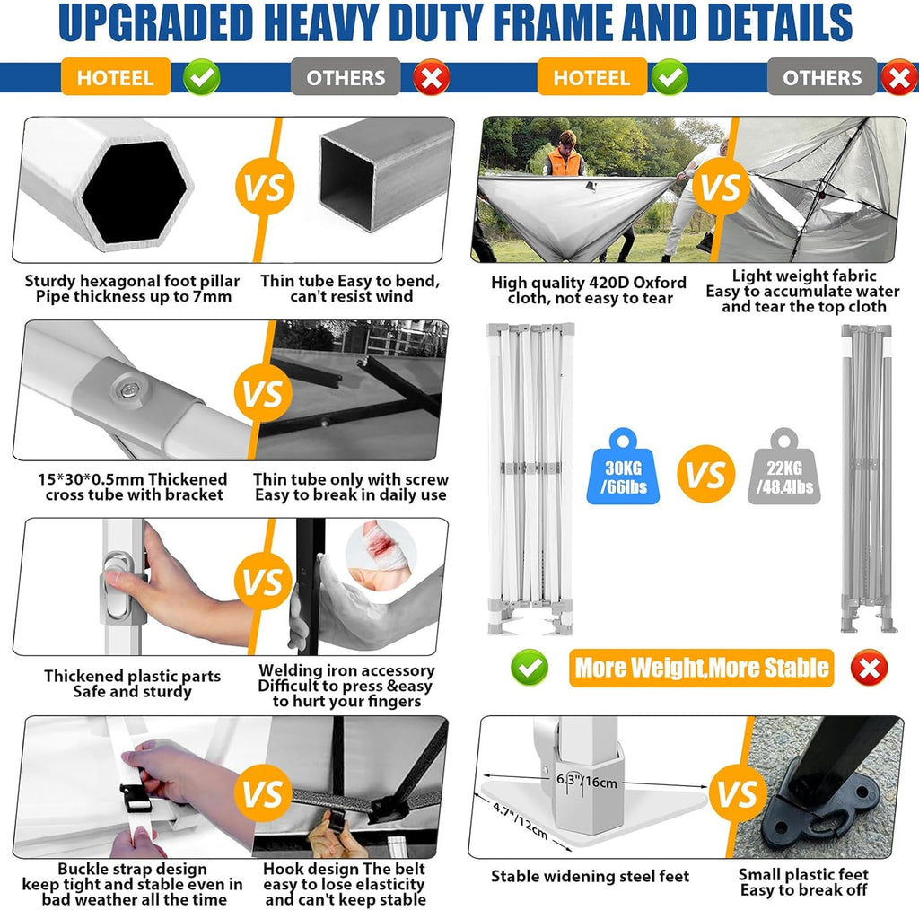 HOTEEL 10x15 Heavy Duty Pop up Canopy Tent for Parties Without Sidewalls, Easy Setup Outdoor Commercial Instant Gazebo for Wedding Event, with Roller Bag & Sand Bags, White(Hexagonal Frame)