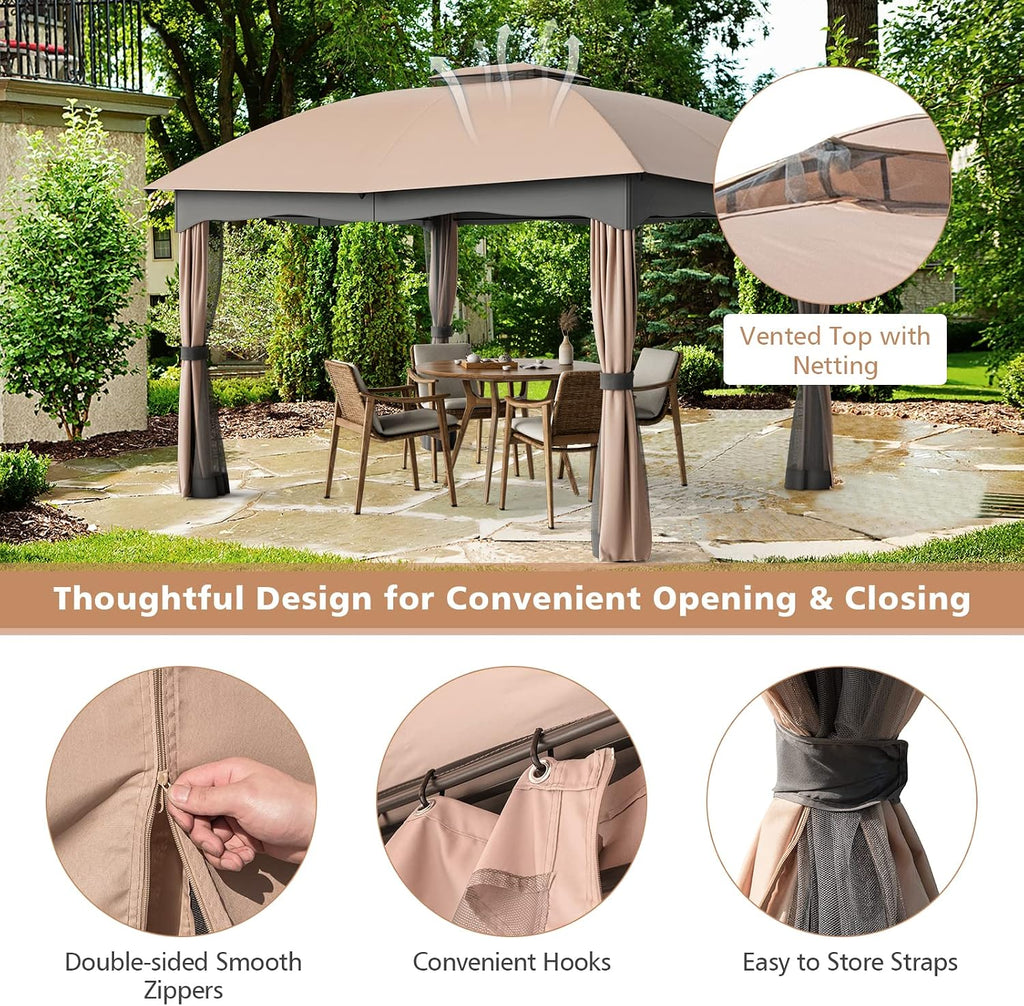 Tangkula 10x12 Ft Patio Gazebo, Double Vented Gazebo with Zippered Privacy Curtains, Mesh Screen Netting, Outdoor Steel Gazebo for Deck, Garden, Yard, Poolside (Brown)